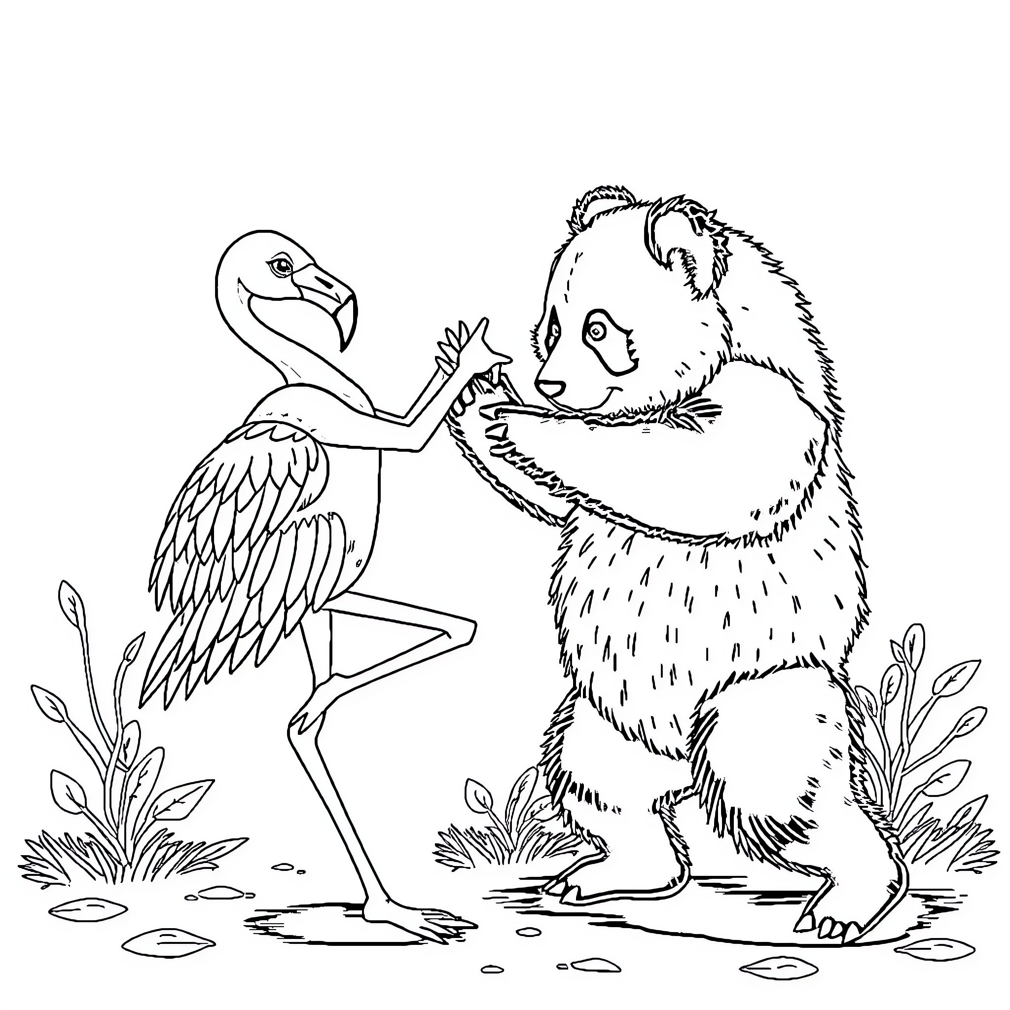 Flamingo interacting playfully with a panda Coloring Page (free black-and-white line drawing printable PDF for all, from beginners to advanced learners, including children, teens, adults, and seniors)