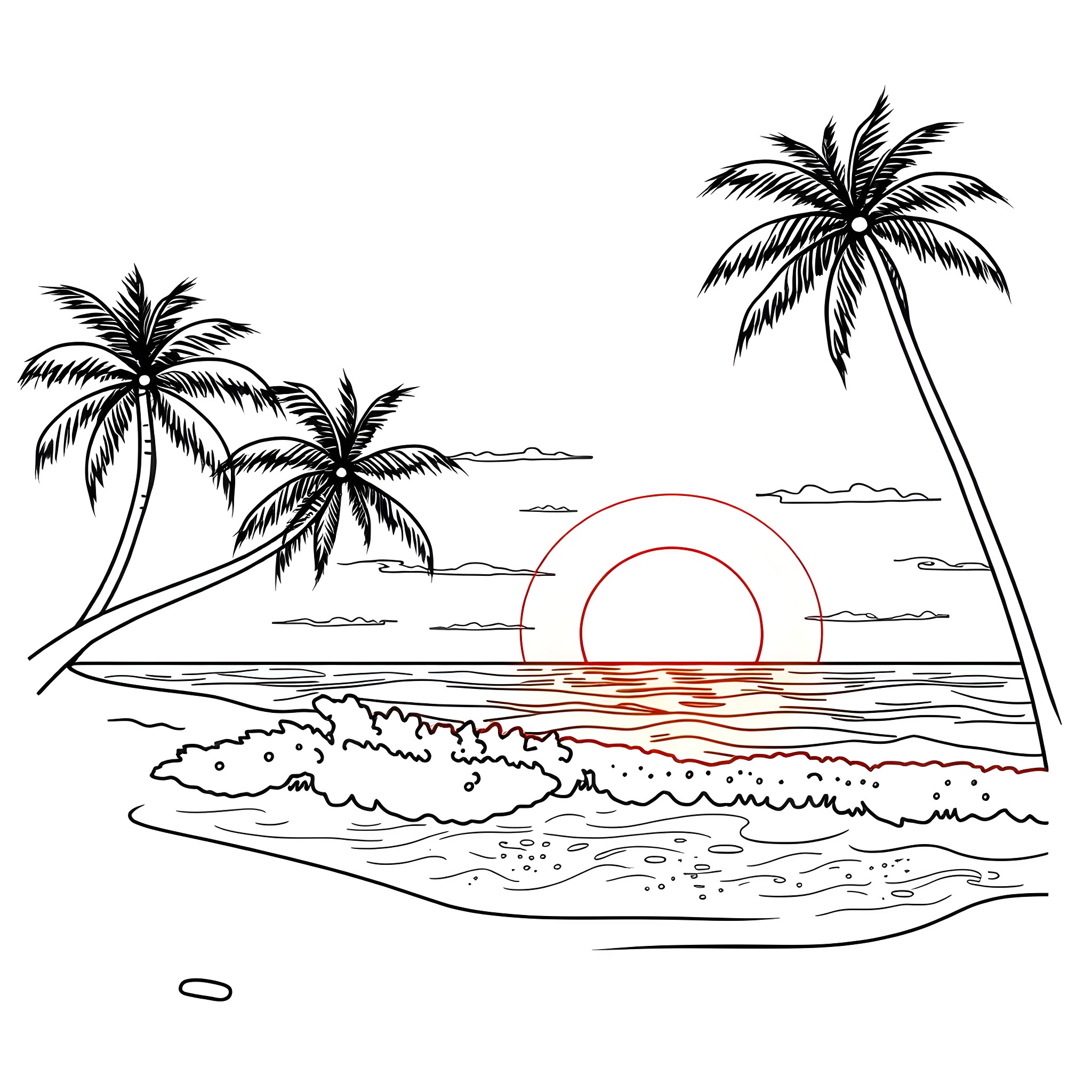 Sunset on the tropical beach Coloring Page (free black-and-white line drawing printable PDF for all, from beginners to advanced learners, including children, teens, adults, and seniors)