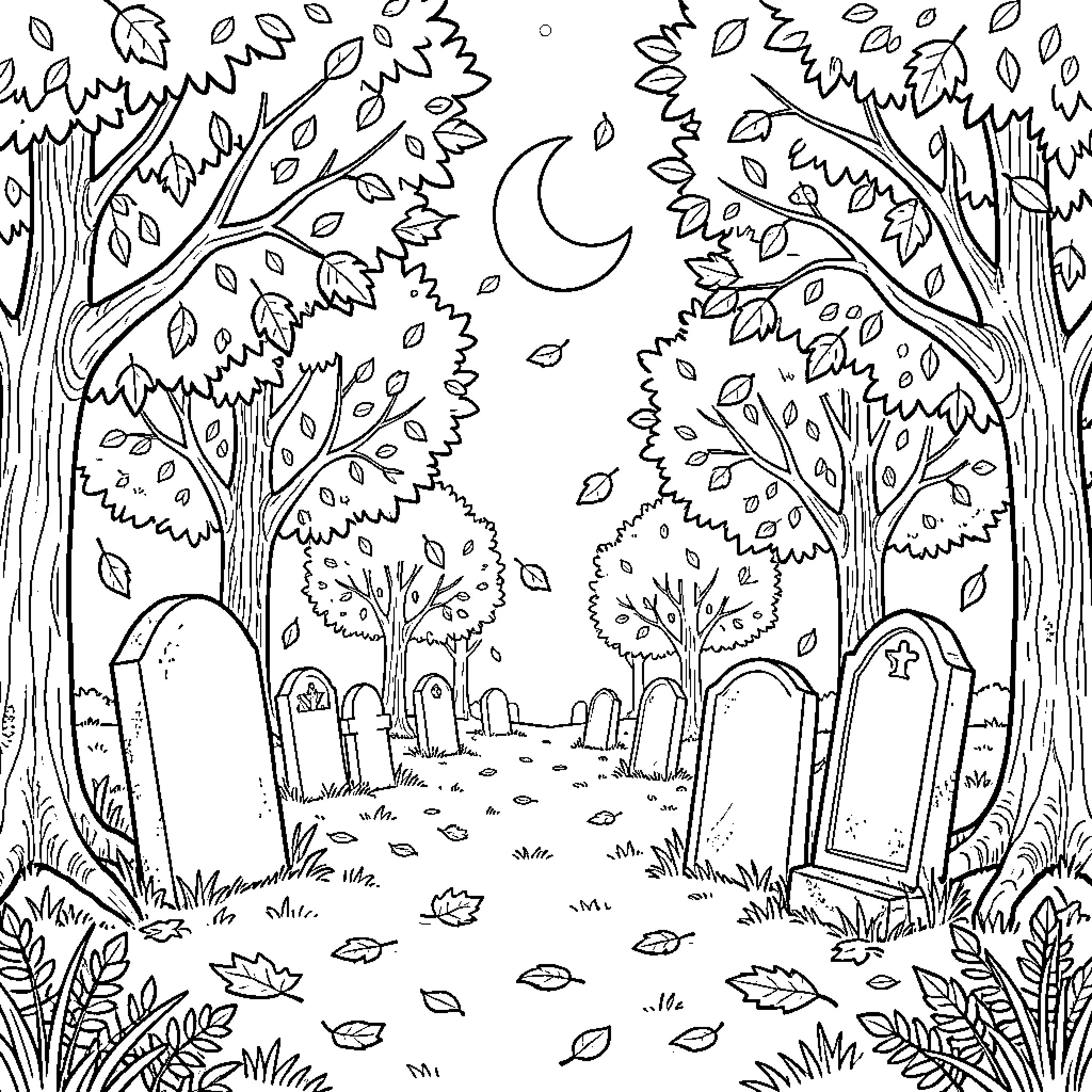 Graveyard under the Crescent Moon Coloring Page (free black-and-white line drawing printable PDF for all, from beginners to advanced learners, including children, teens, adults, and seniors)