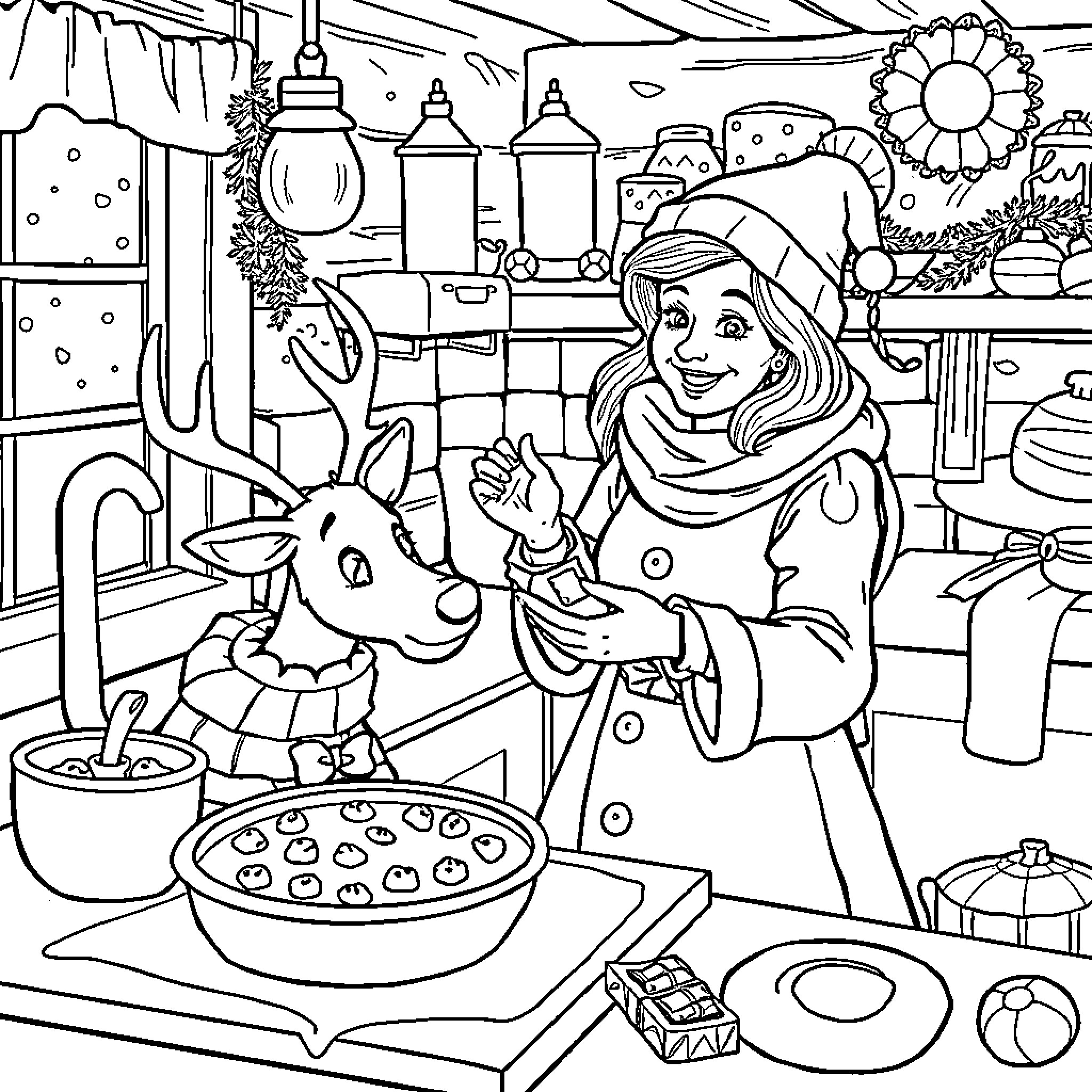 Mother Christmas baking holiday treats with a friendly reindeer Coloring Page (free black-and-white line drawing printable PDF for all, from beginners to advanced learners, including children, teens, adults, and seniors)
