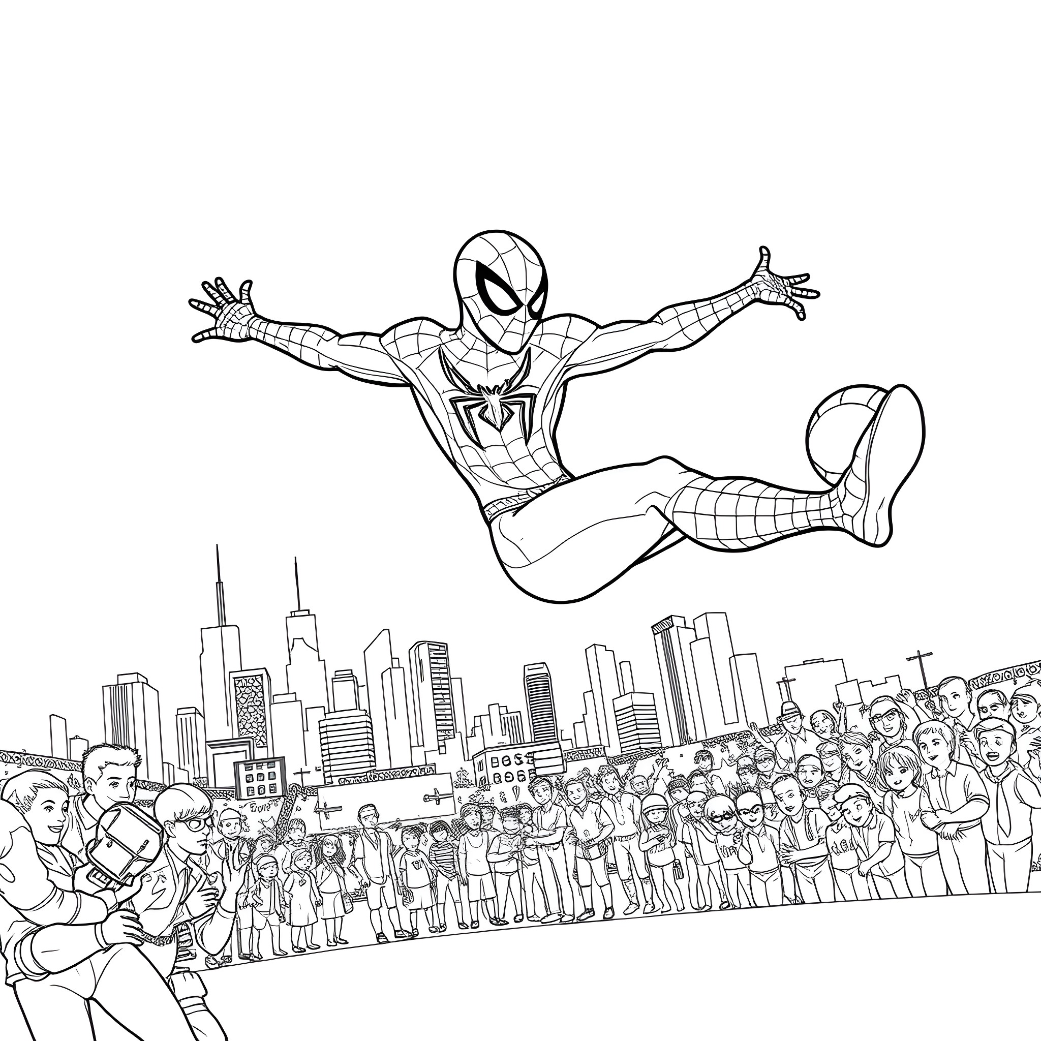 Spiderman swinging over the city in action pose Coloring Page (free black-and-white line drawing printable PDF for all, from beginners to advanced learners, including children, teens, adults, and seniors)