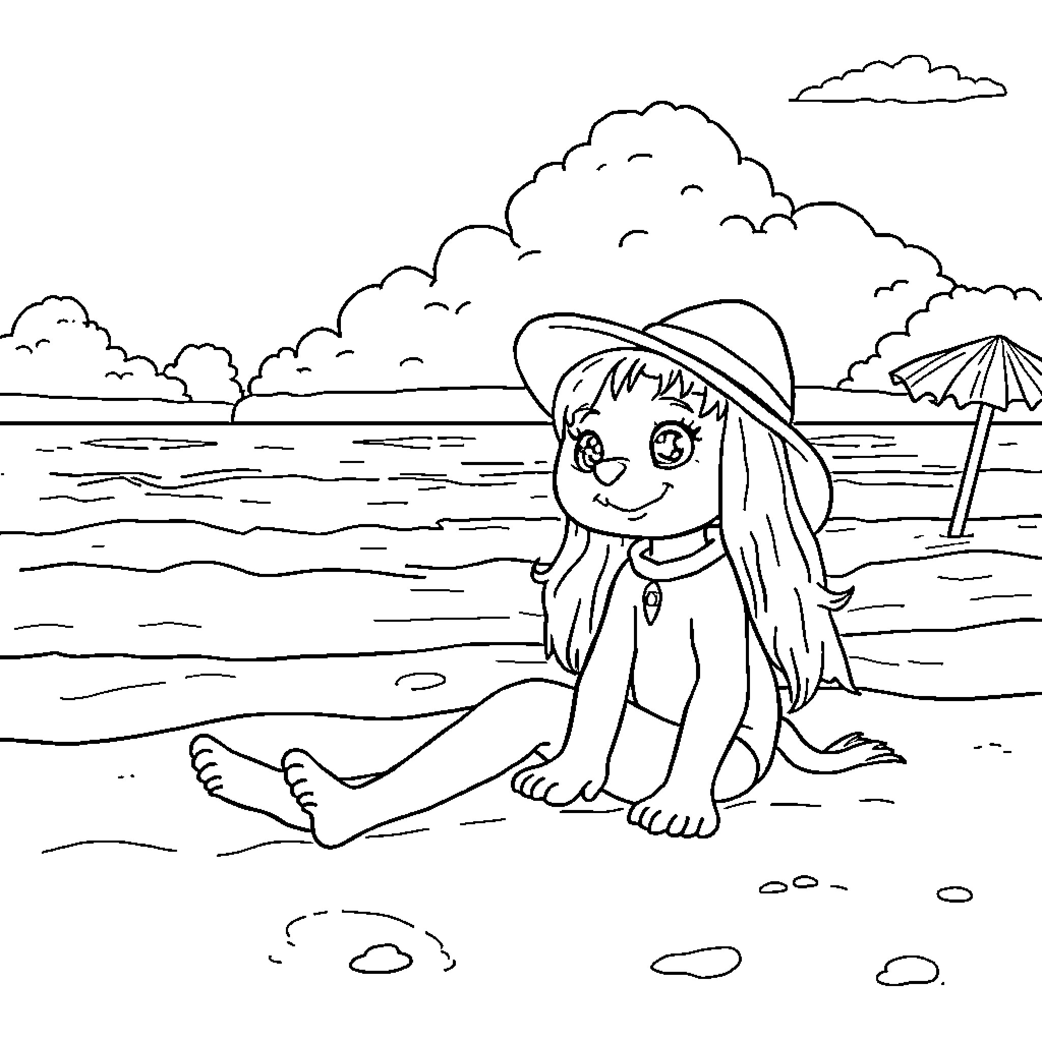 Gabby's Summer Beach Adventure Coloring Page (free black-and-white line drawing printable PDF for all, from beginners to advanced learners, including children, teens, adults, and seniors)