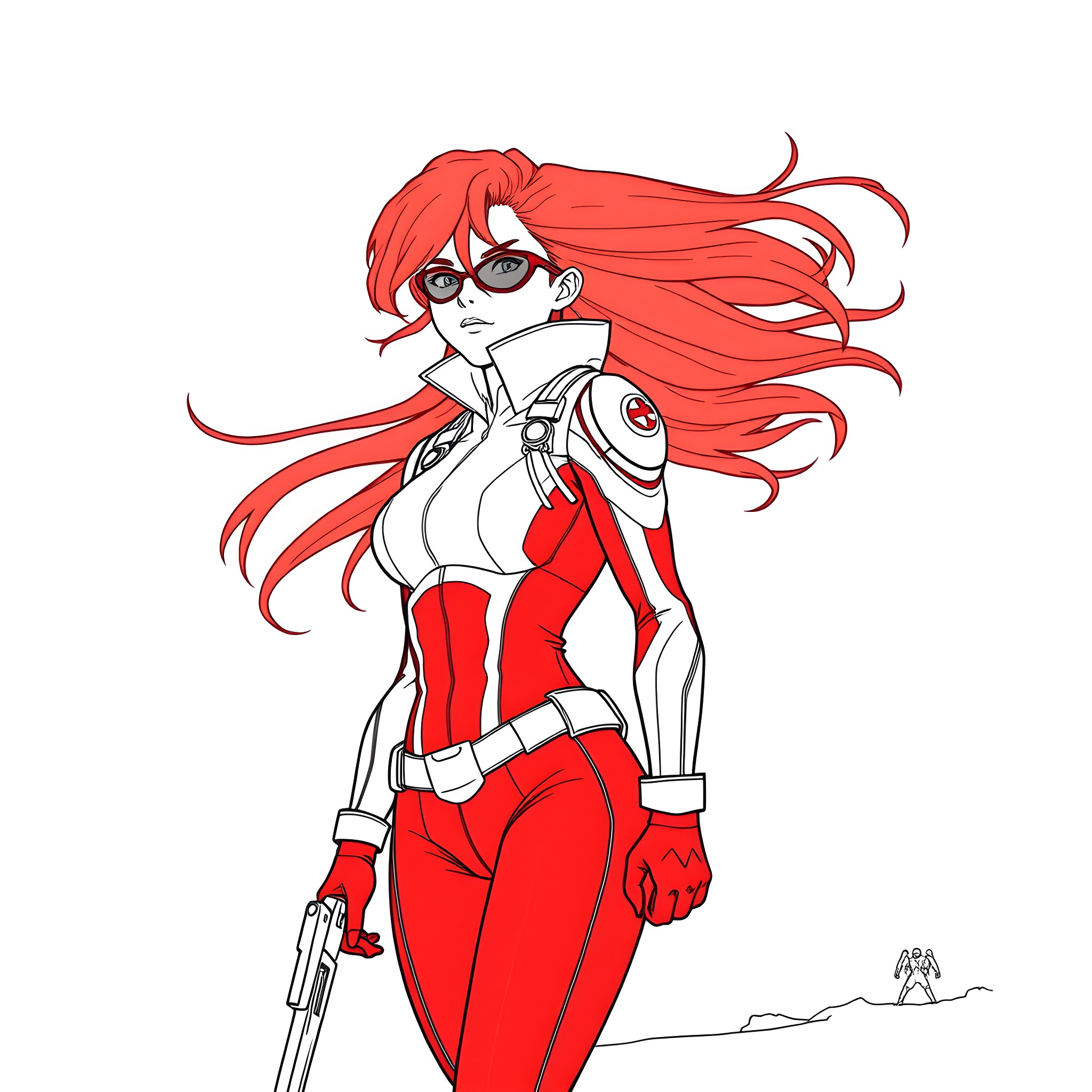 Asuka Langley in striking red outfit and pose Coloring Page (free black-and-white line drawing printable PDF for all, from beginners to advanced learners, including children, teens, adults, and seniors)