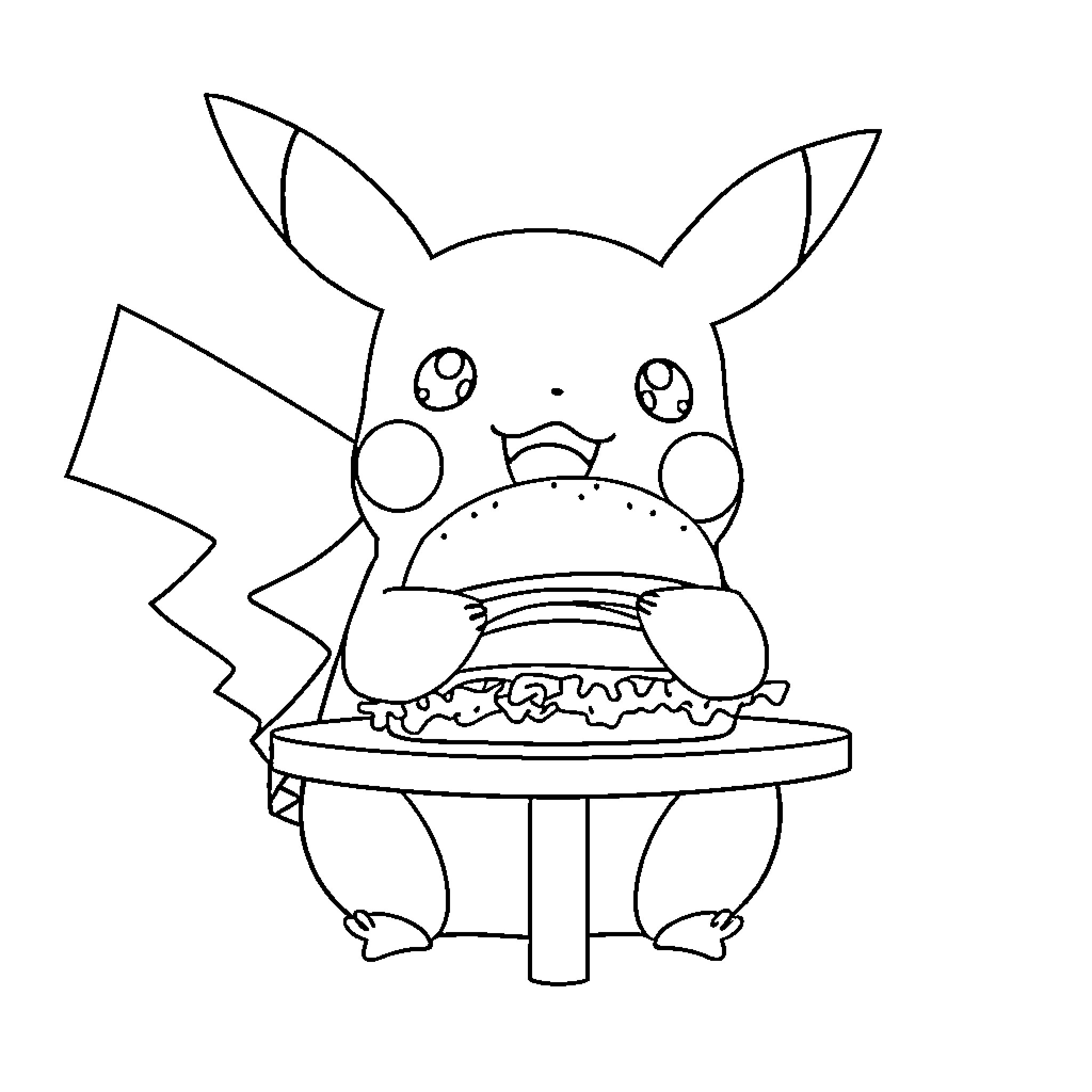 Pikachu enjoying a delicious burger Coloring Page (free black-and-white line drawing printable PDF for all, from beginners to advanced learners, including children, teens, adults, and seniors)