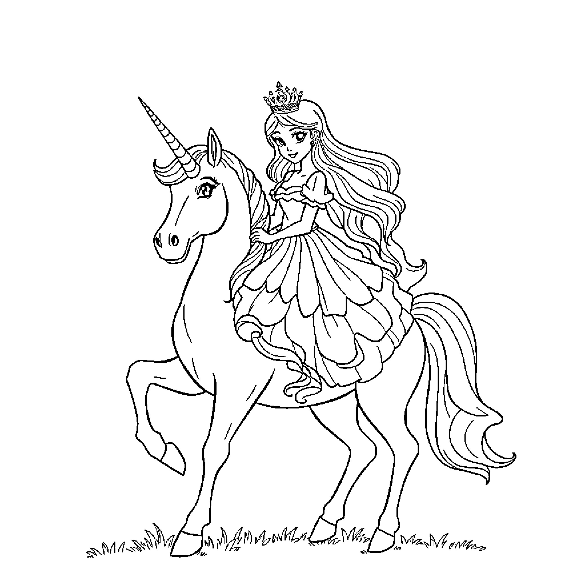 Princess riding a magical unicorn Coloring Page (free black-and-white line drawing printable PDF for all, from beginners to advanced learners, including children, teens, adults, and seniors)