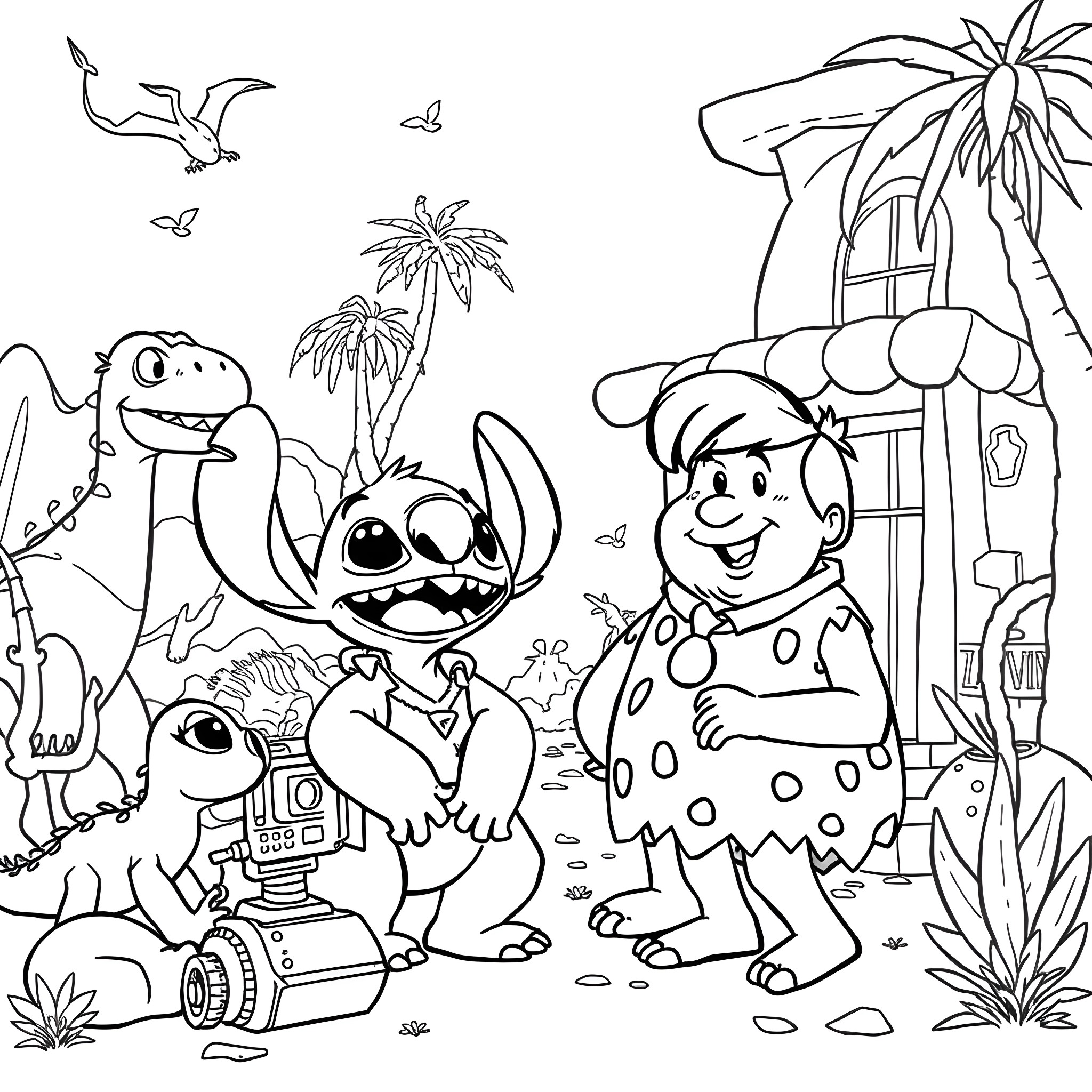 Lilo And Stitch Explore the Tropical Paradise Coloring Page (free black-and-white line drawing printable PDF for all, from beginners to advanced learners, including children, teens, adults, and seniors)