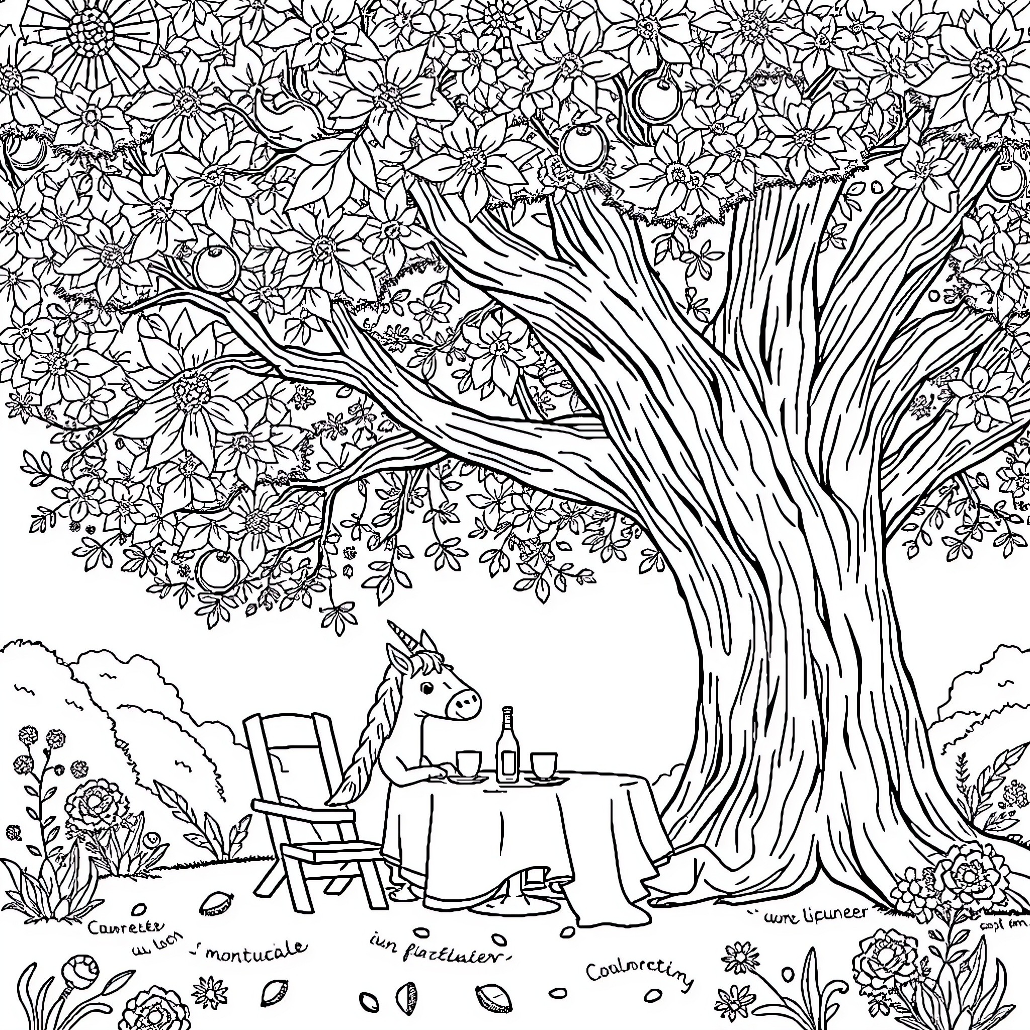 Unicorn enjoying a tea party under a blooming tree Coloring Page (free black-and-white line drawing printable PDF for all, from beginners to advanced learners, including children, teens, adults, and seniors)
