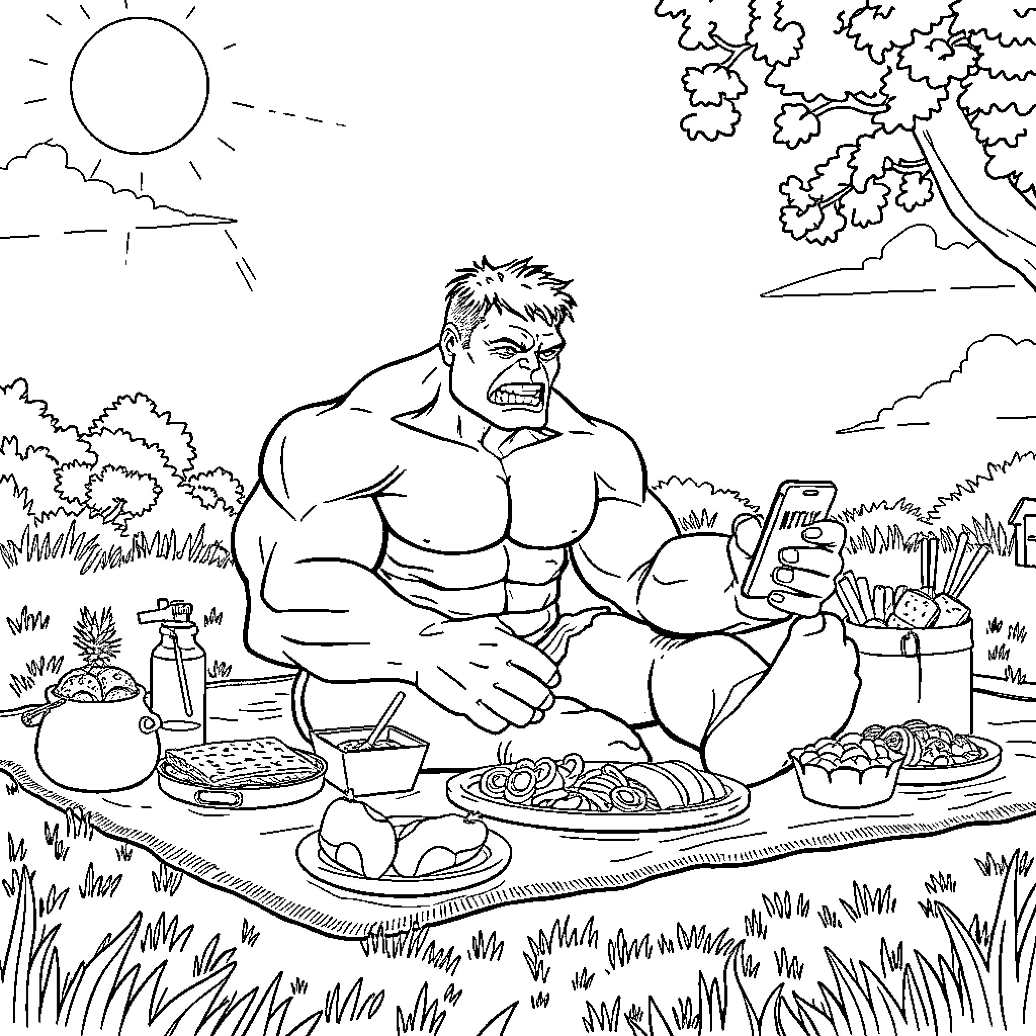 Hulk enjoying a picnic in the park Coloring Page (free black-and-white line drawing printable PDF for all, from beginners to advanced learners, including children, teens, adults, and seniors)