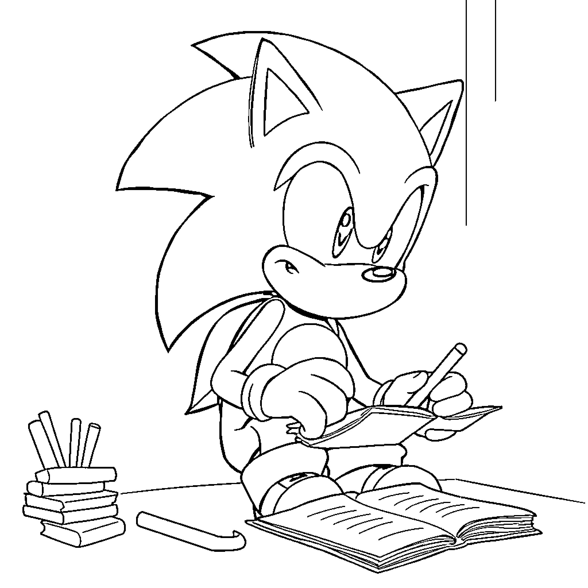 Sonic studying diligently with books and pencils Coloring Page (free black-and-white line drawing printable PDF for all, from beginners to advanced learners, including children, teens, adults, and seniors)