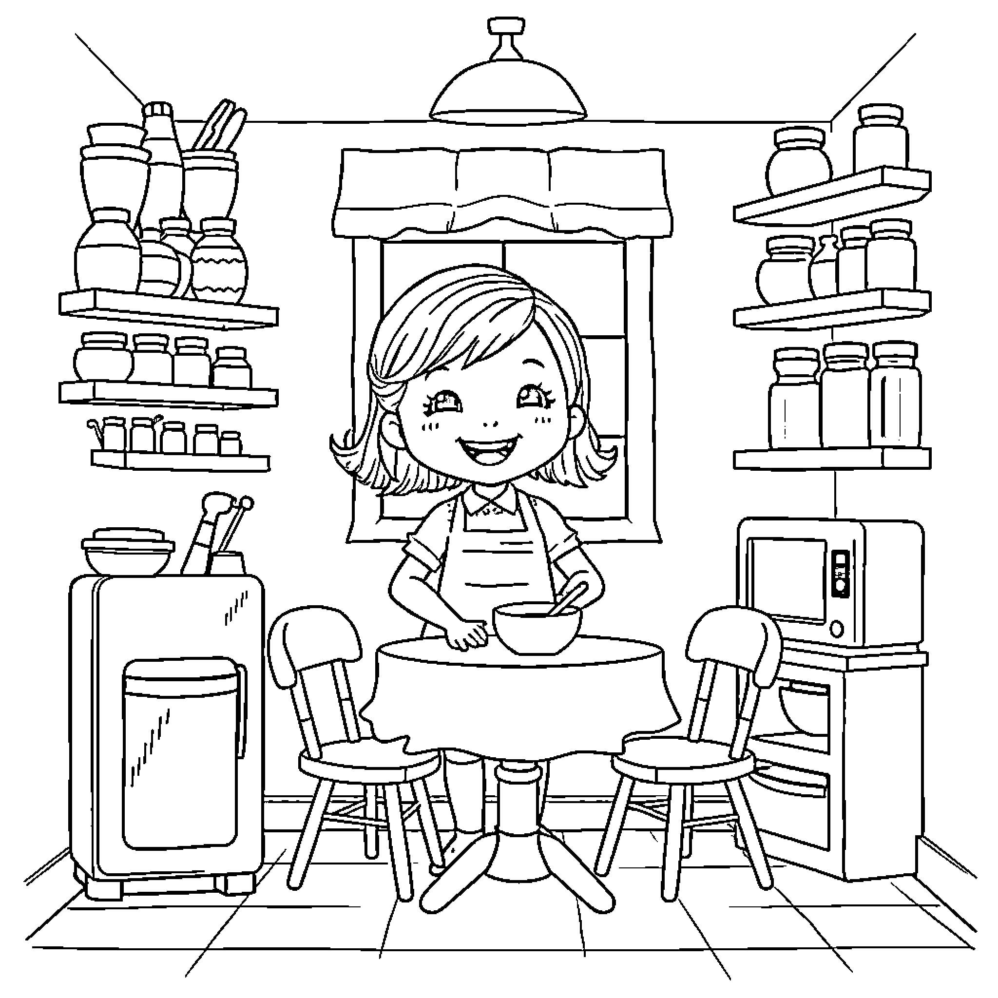 Girl Enjoying a Meal in the Kitchen Coloring Page (free black-and-white line drawing printable PDF for all, from beginners to advanced learners, including children, teens, adults, and seniors)
