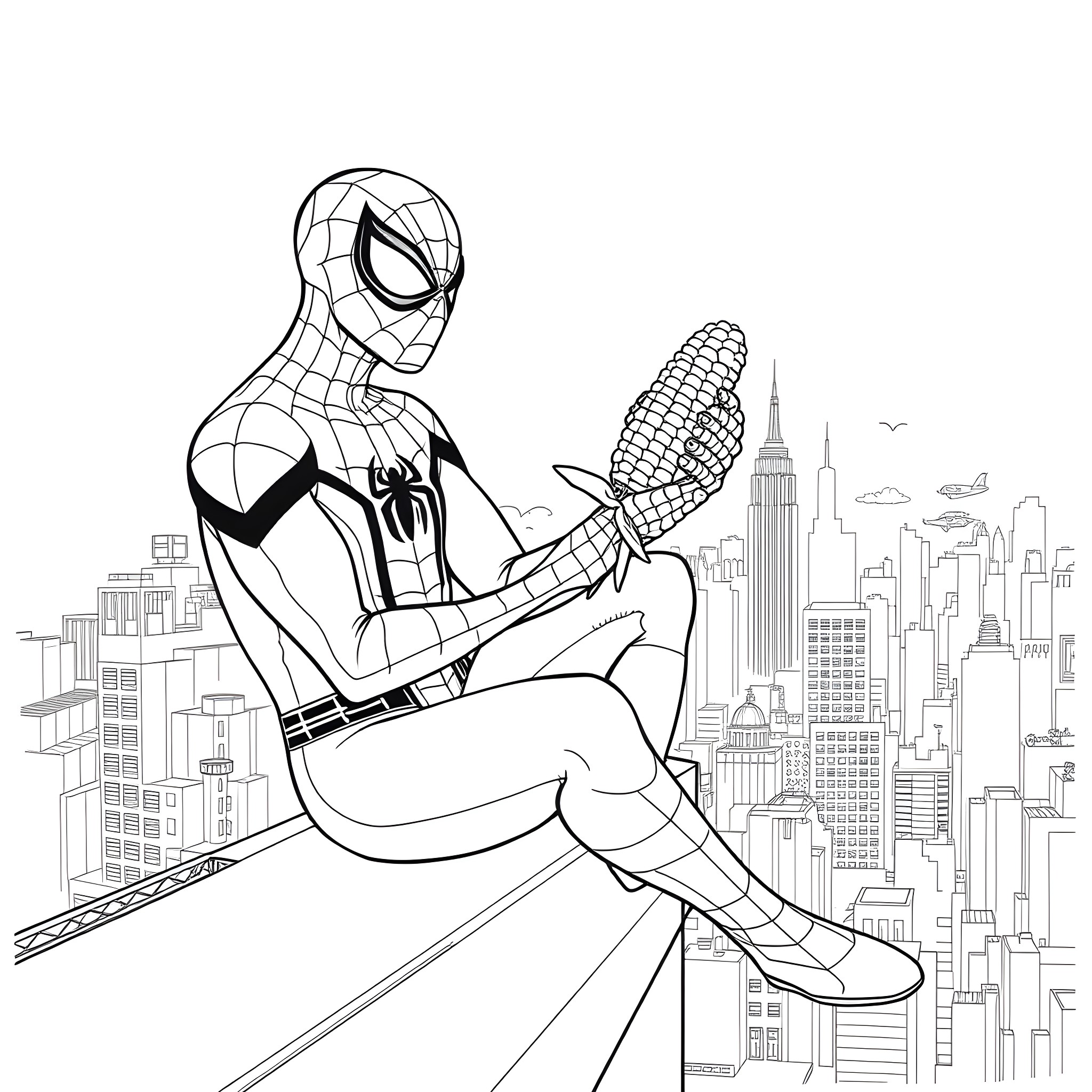 Spiderman perched atop a towering cityscape Coloring Page (free black-and-white line drawing printable PDF for all, from beginners to advanced learners, including children, teens, adults, and seniors)