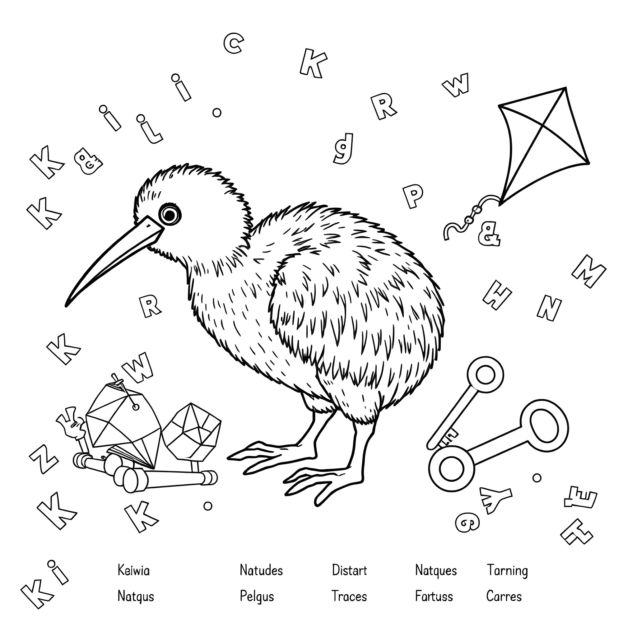 Kiwi bird surrounded by various objects Coloring Page (free black-and-white line drawing printable PDF for all, from beginners to advanced learners, including children, teens, adults, and seniors)