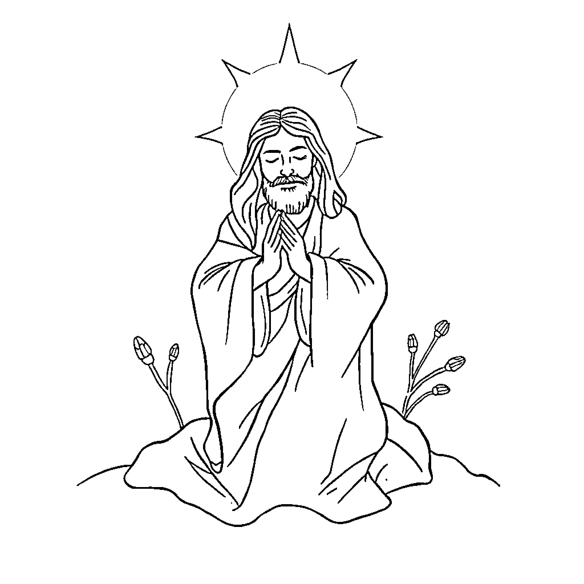 Sheep Jesus in prayer with celestial halo Coloring Page (free black-and-white line drawing printable PDF for all, from beginners to advanced learners, including children, teens, adults, and seniors)