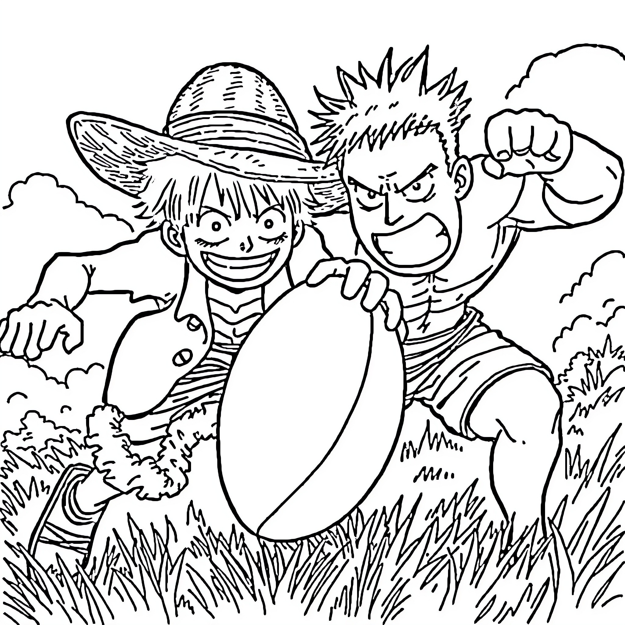 Monkey D Luffy and Zoro in an intense fight Coloring Page (free black-and-white line drawing printable PDF for all, from beginners to advanced learners, including children, teens, adults, and seniors)