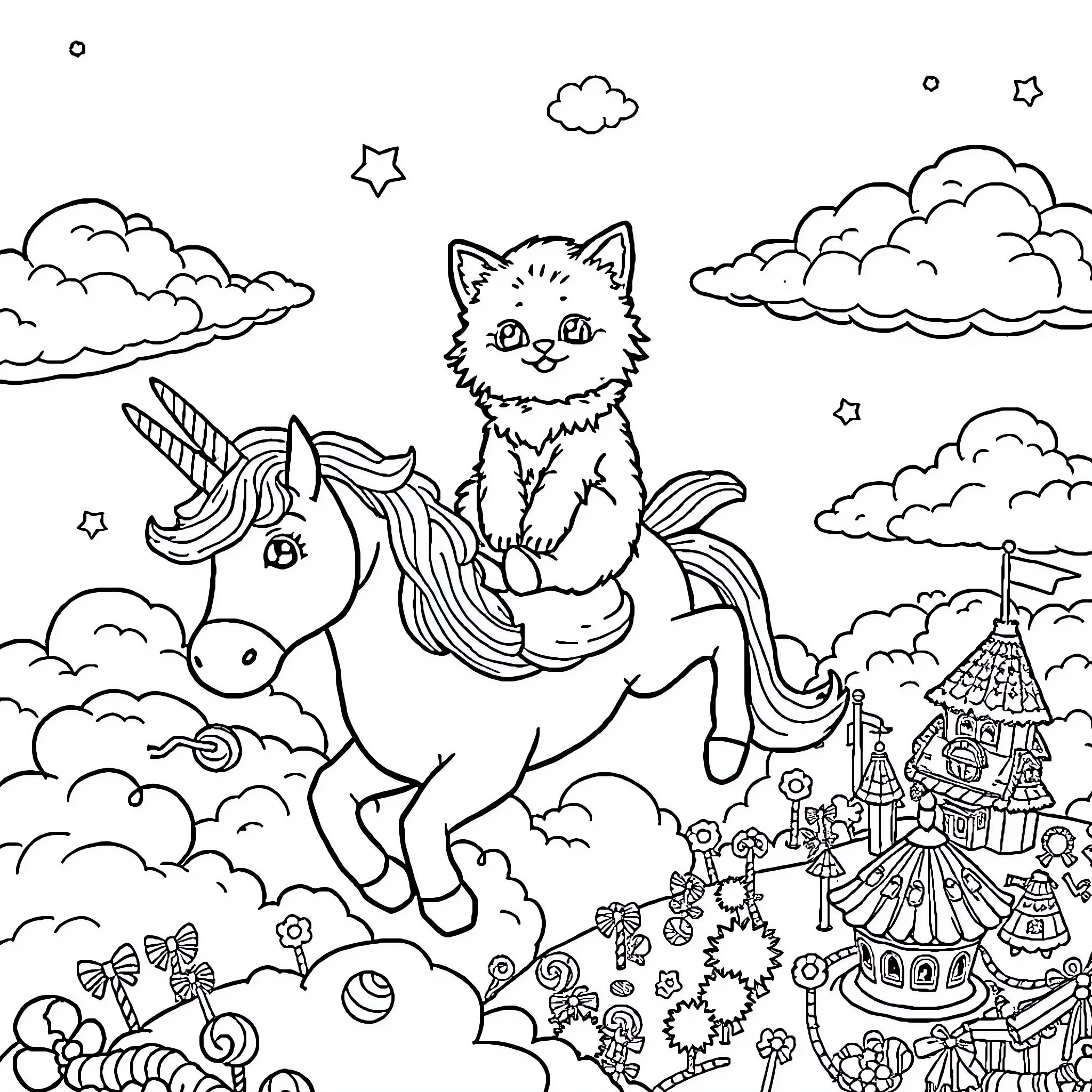 Kitty and Unicorn in Whimsical Fantasy World Coloring Page (free black-and-white line drawing printable PDF for all, from beginners to advanced learners, including children, teens, adults, and seniors)