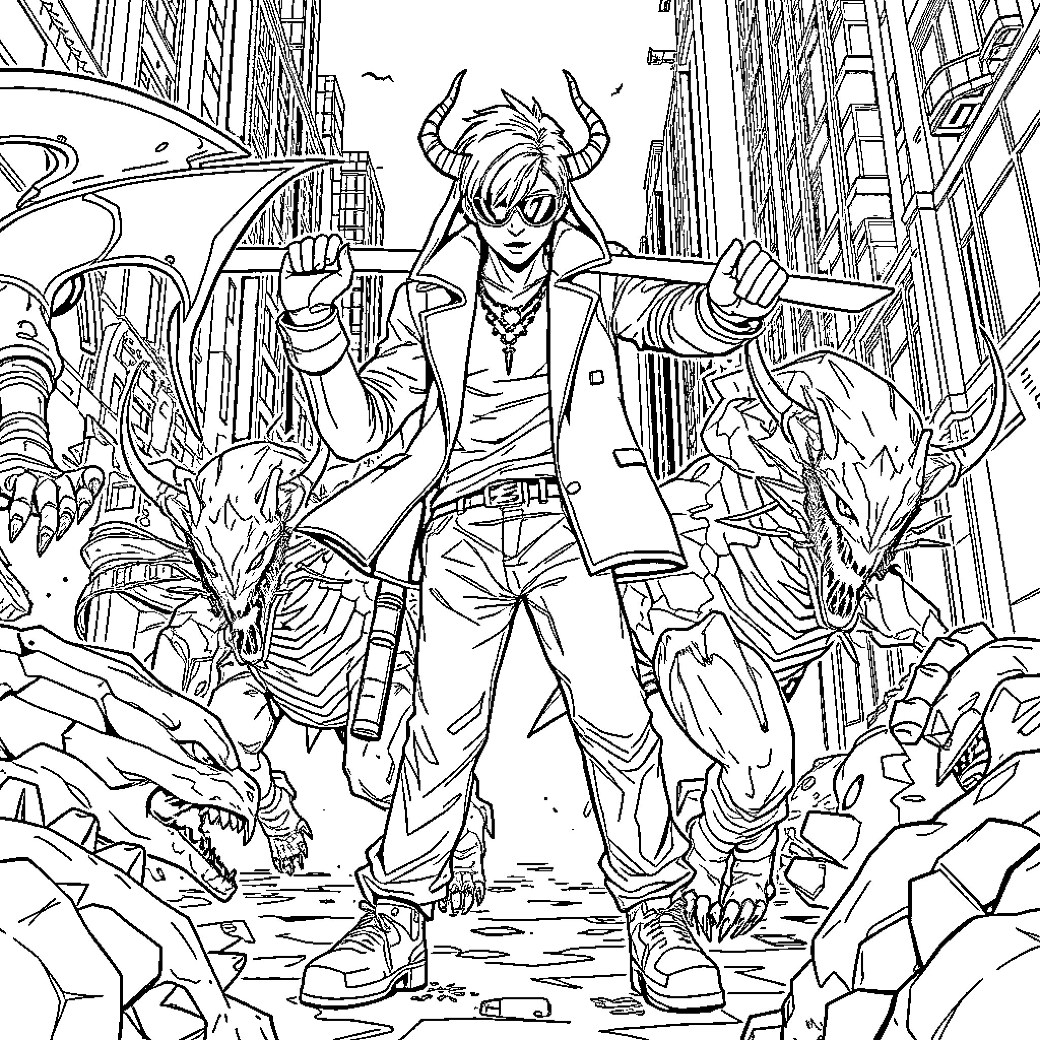Demon Hunter Fights Mythical Creatures in City Coloring Page (free black-and-white line drawing printable PDF for all, from beginners to advanced learners, including children, teens, adults, and seniors)
