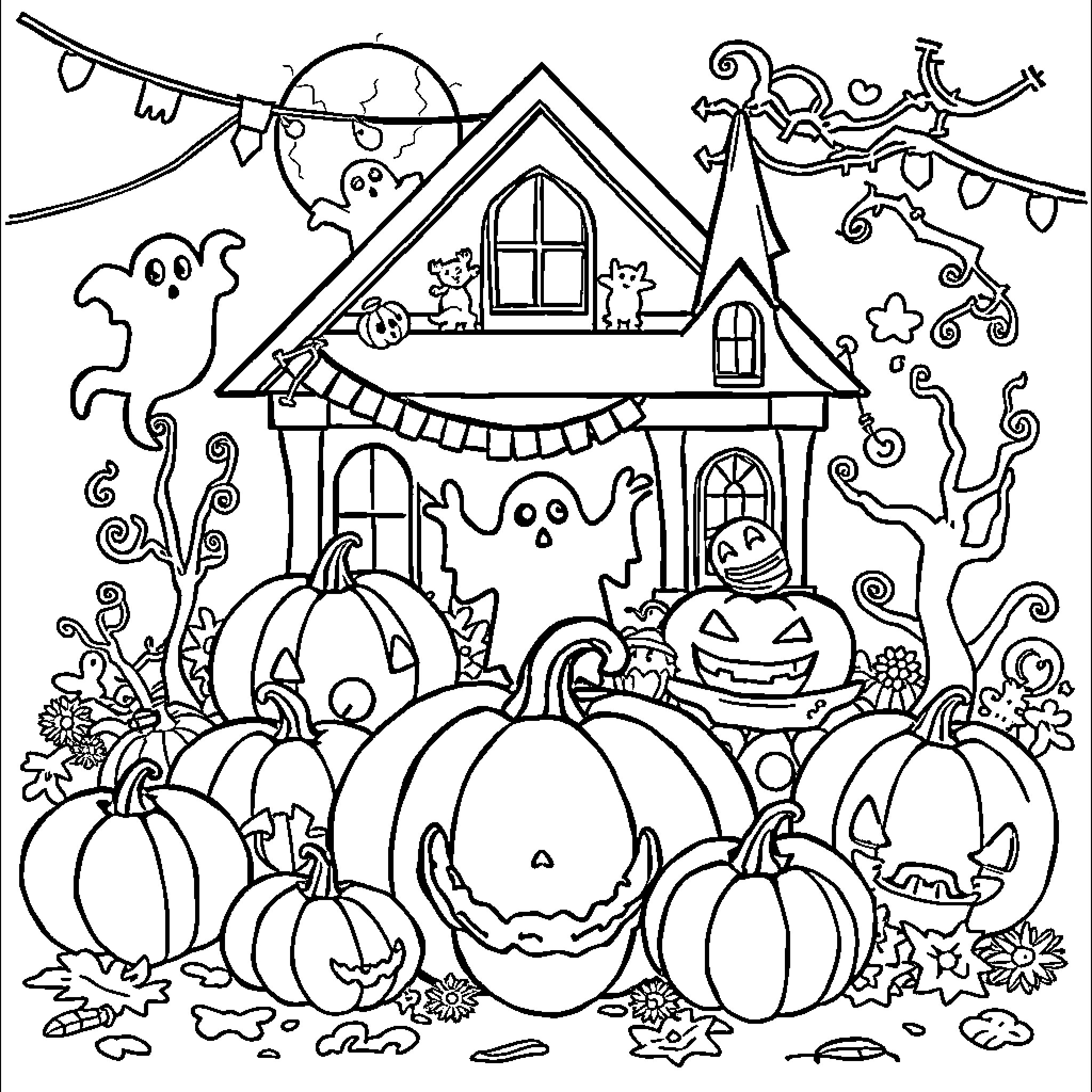 Halloween Haunted House with Spooky Decor and Pumpkins Coloring Page (free black-and-white line drawing printable PDF for all, from beginners to advanced learners, including children, teens, adults, and seniors)
