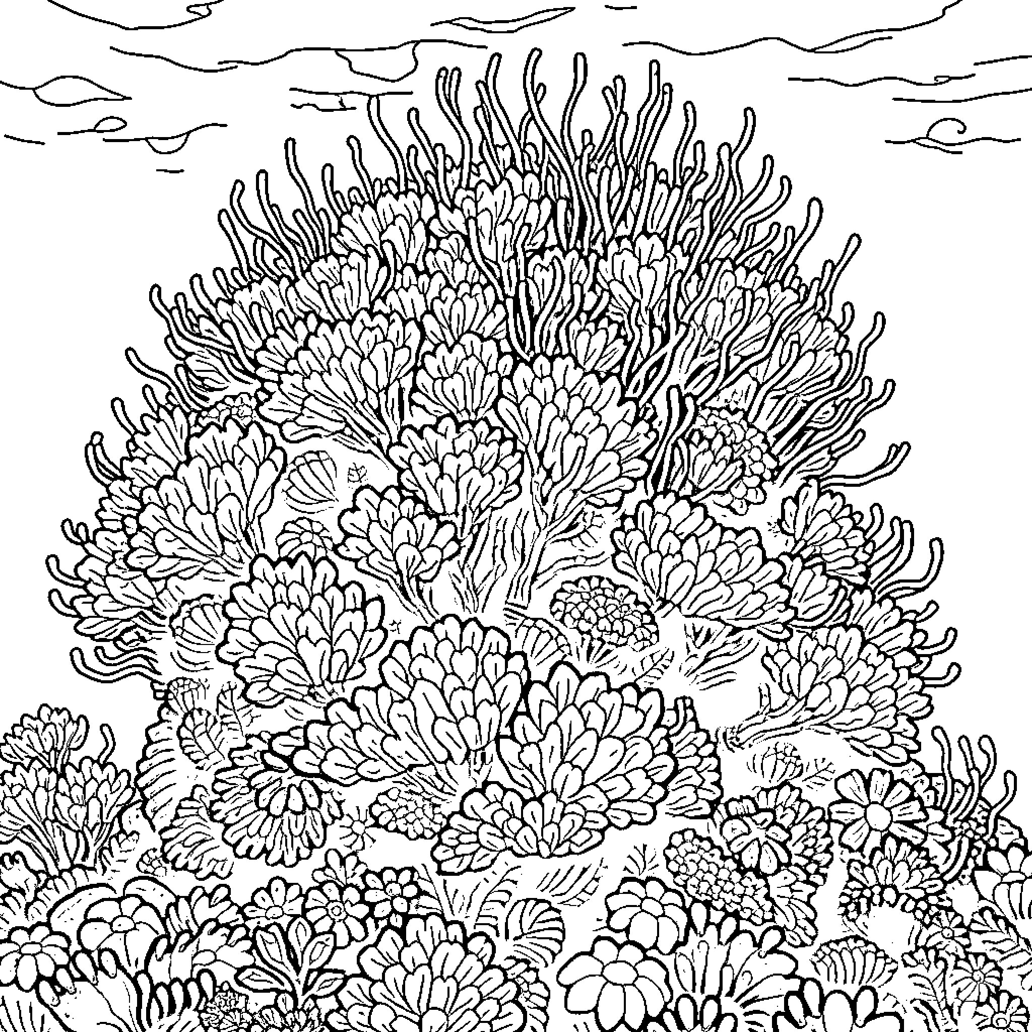 Coral Garden with Diverse Aquatic Flora Coloring Page (free black-and-white line drawing printable PDF for all, from beginners to advanced learners, including children, teens, adults, and seniors)