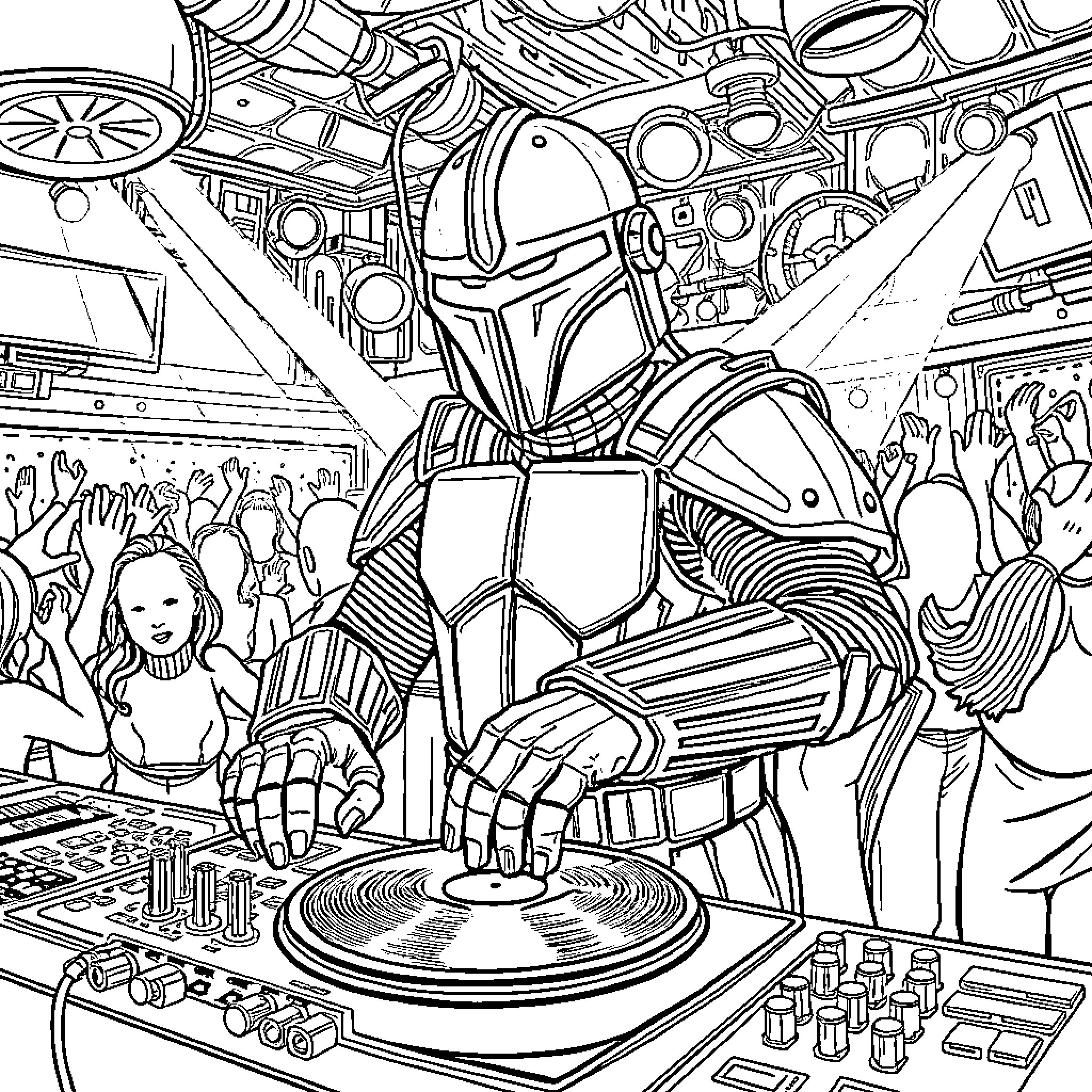 Shredder Rocking Out at the Intergalactic Music Festival Coloring Page (free black-and-white line drawing printable PDF for all, from beginners to advanced learners, including children, teens, adults, and seniors)