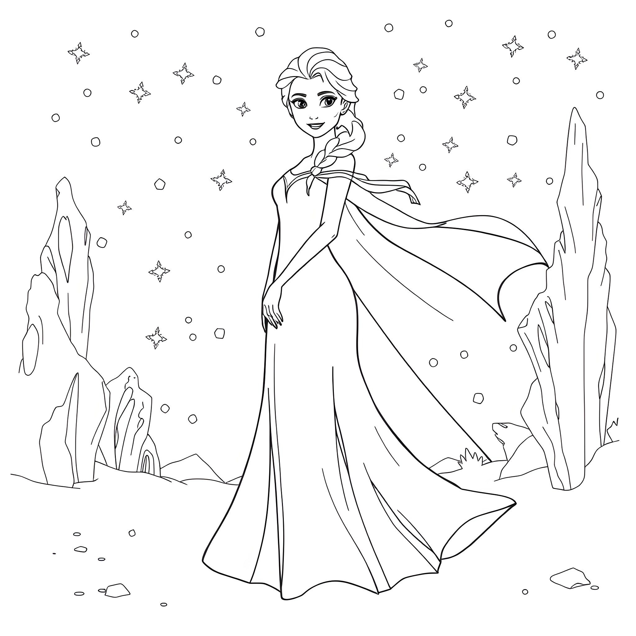 Elsa's Magical Winter Wonderland Coloring Page (free black-and-white line drawing printable PDF for all, from beginners to advanced learners, including children, teens, adults, and seniors)