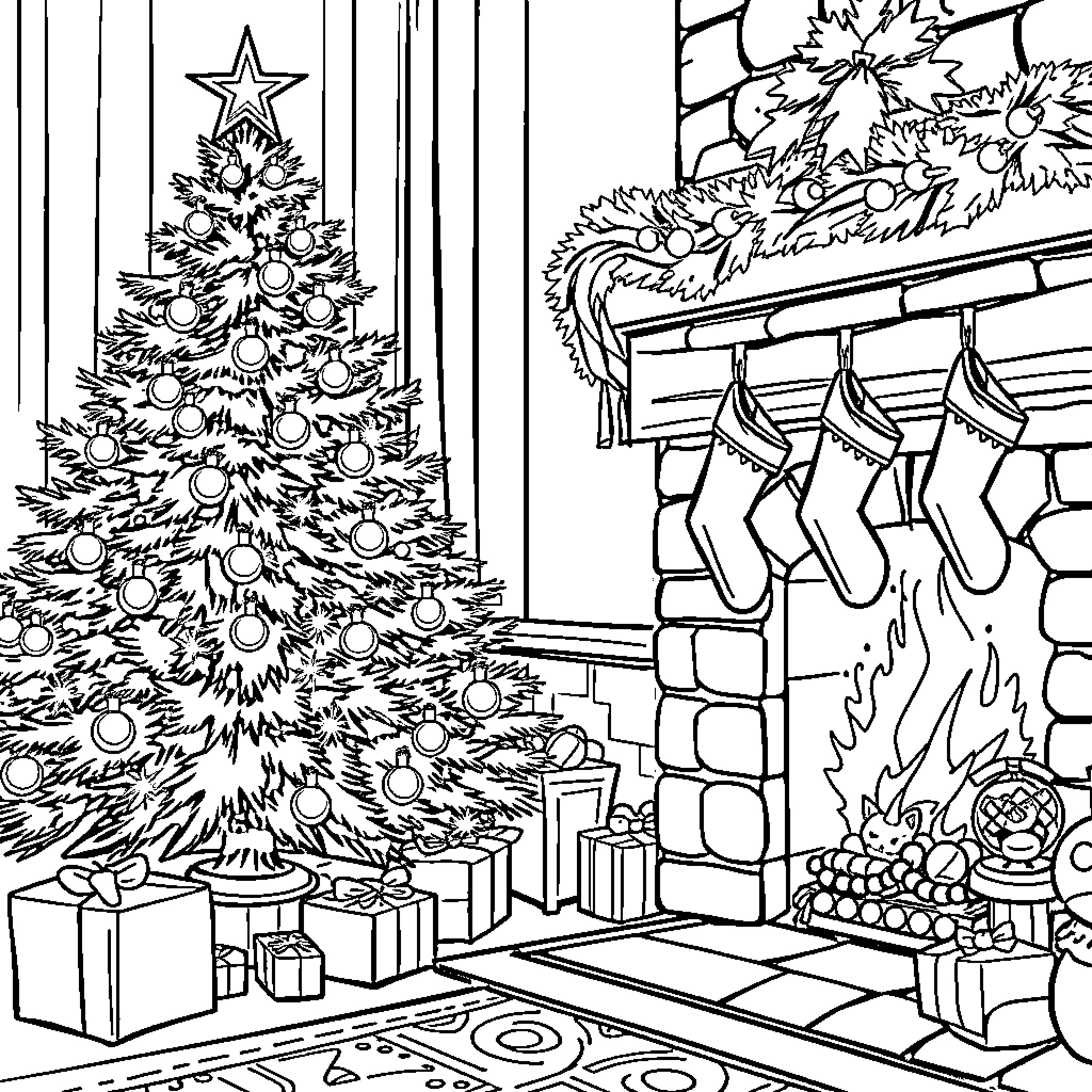 Christmas Scene with Decorated Tree and Fireplace Coloring Page (free black-and-white line drawing printable PDF for all, from beginners to advanced learners, including children, teens, adults, and seniors)