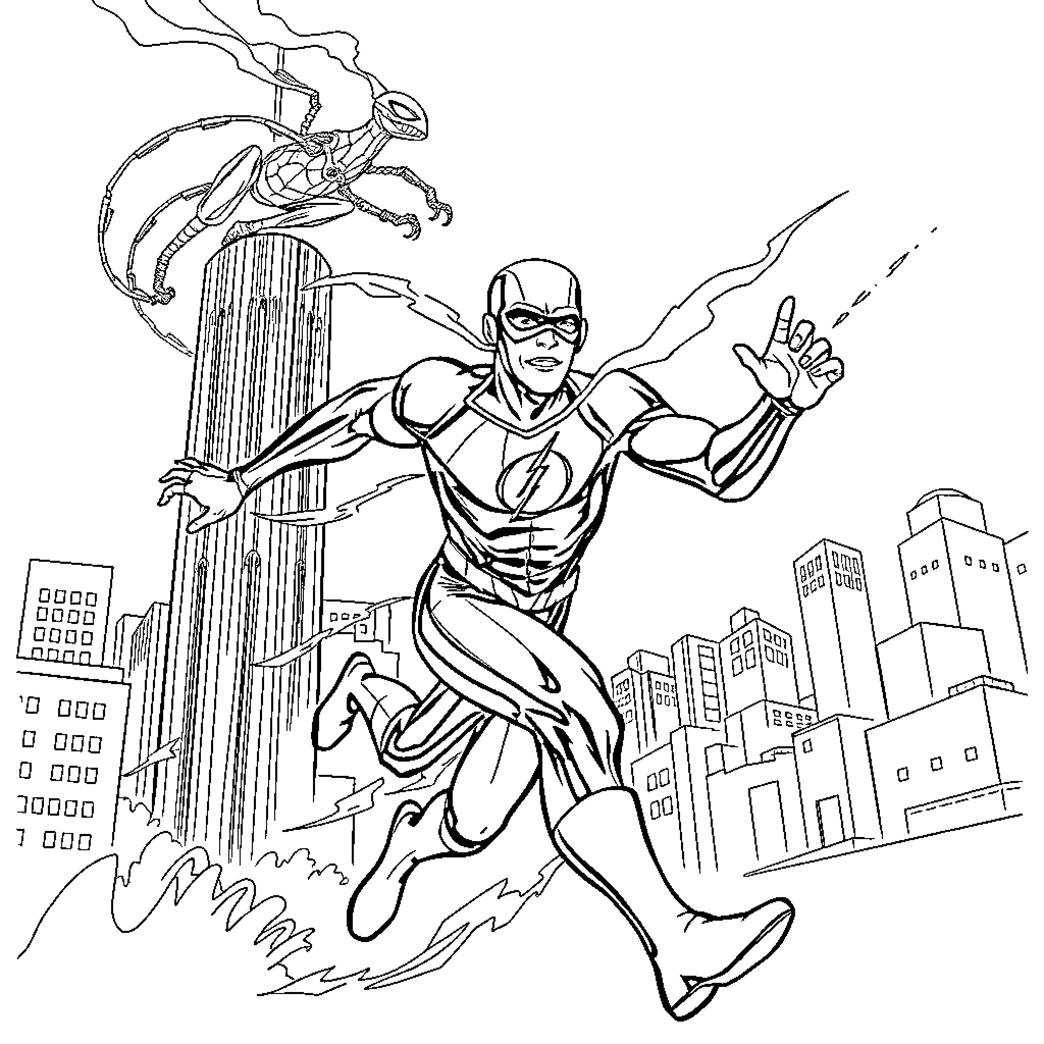 Flash Heroically Soaring Through the City Coloring Page (free black-and-white line drawing printable PDF for all, from beginners to advanced learners, including children, teens, adults, and seniors)