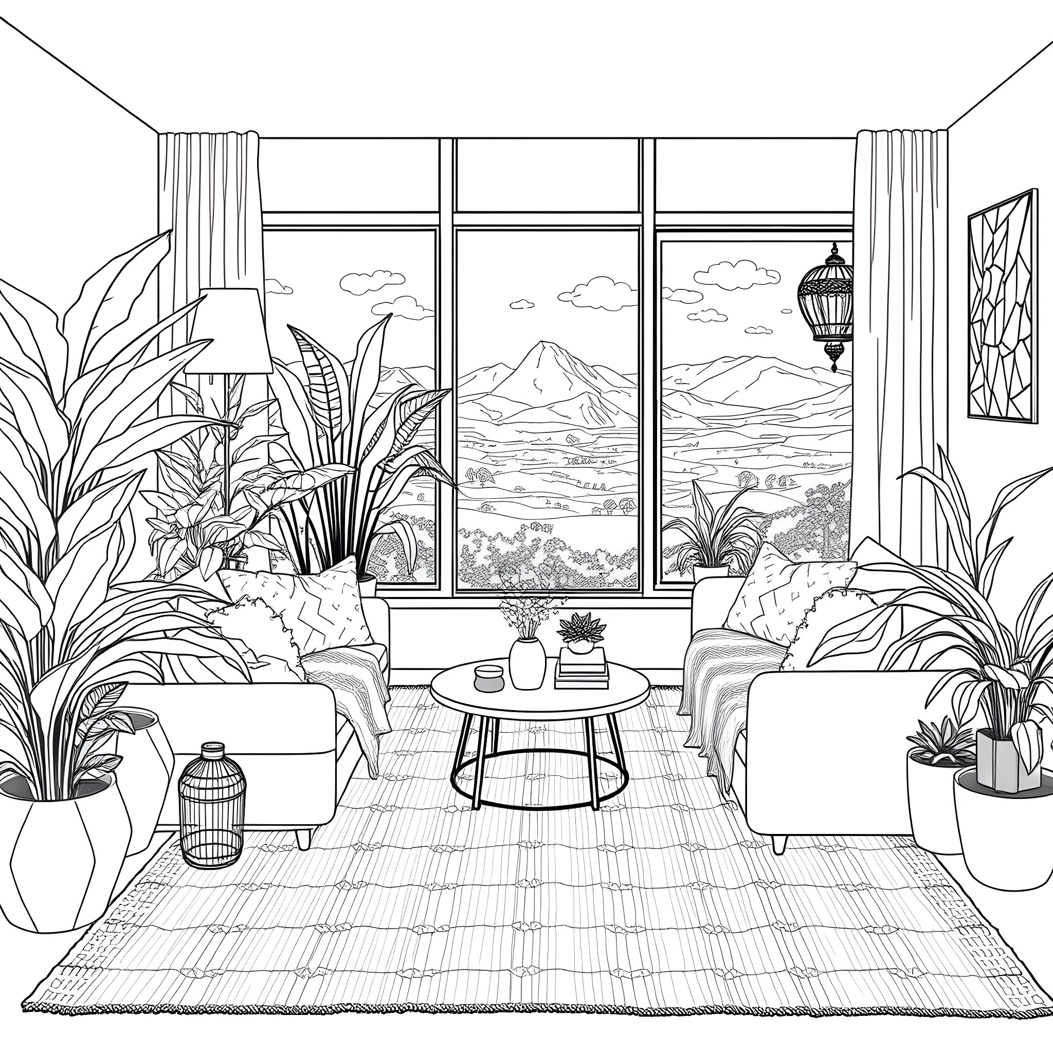 Living Room with Scenic Mountain View Coloring Page (free black-and-white line drawing printable PDF for all, from beginners to advanced learners, including children, teens, adults, and seniors)