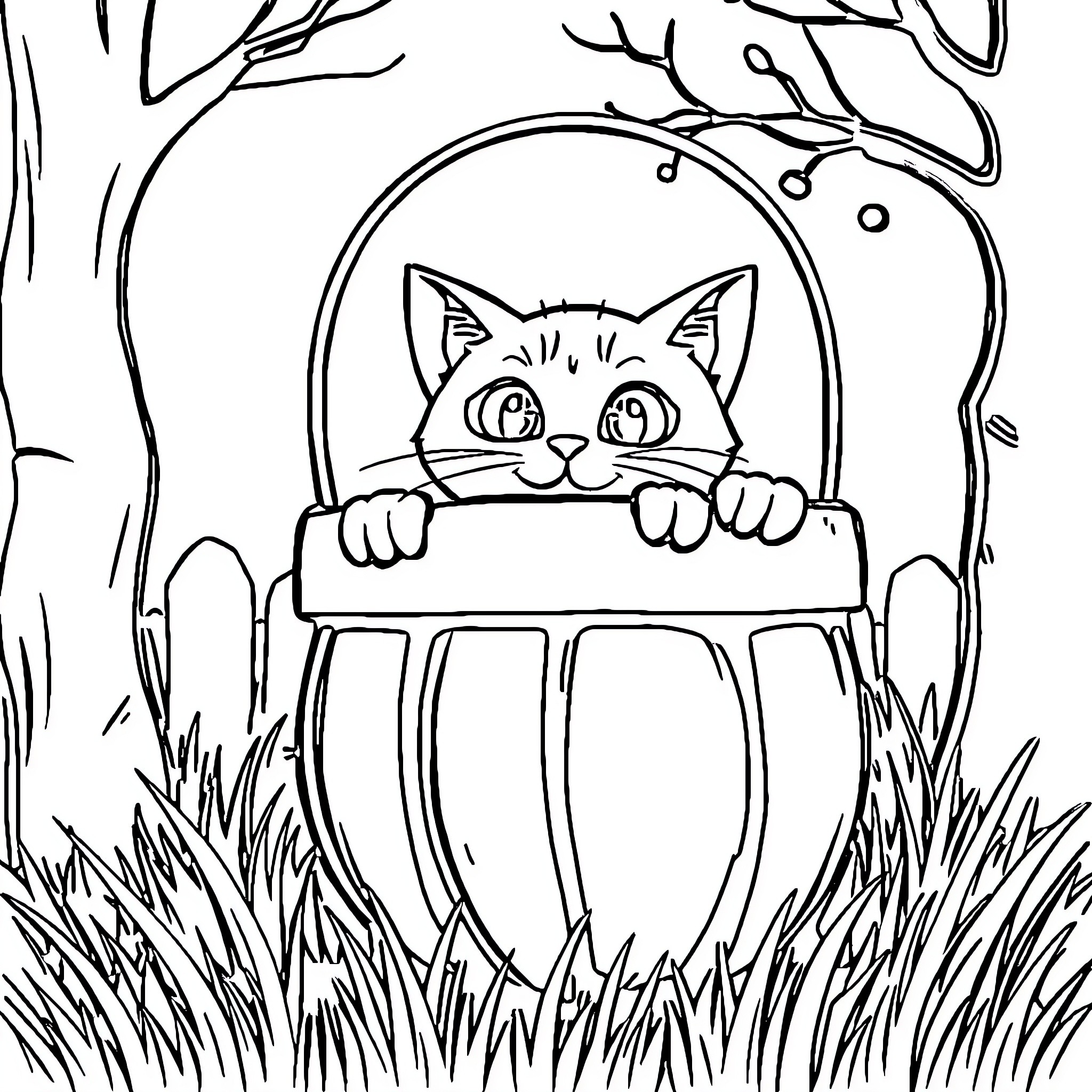Cat peeking curiously from behind a bush Coloring Page (free black-and-white line drawing printable PDF for all, from beginners to advanced learners, including children, teens, adults, and seniors)