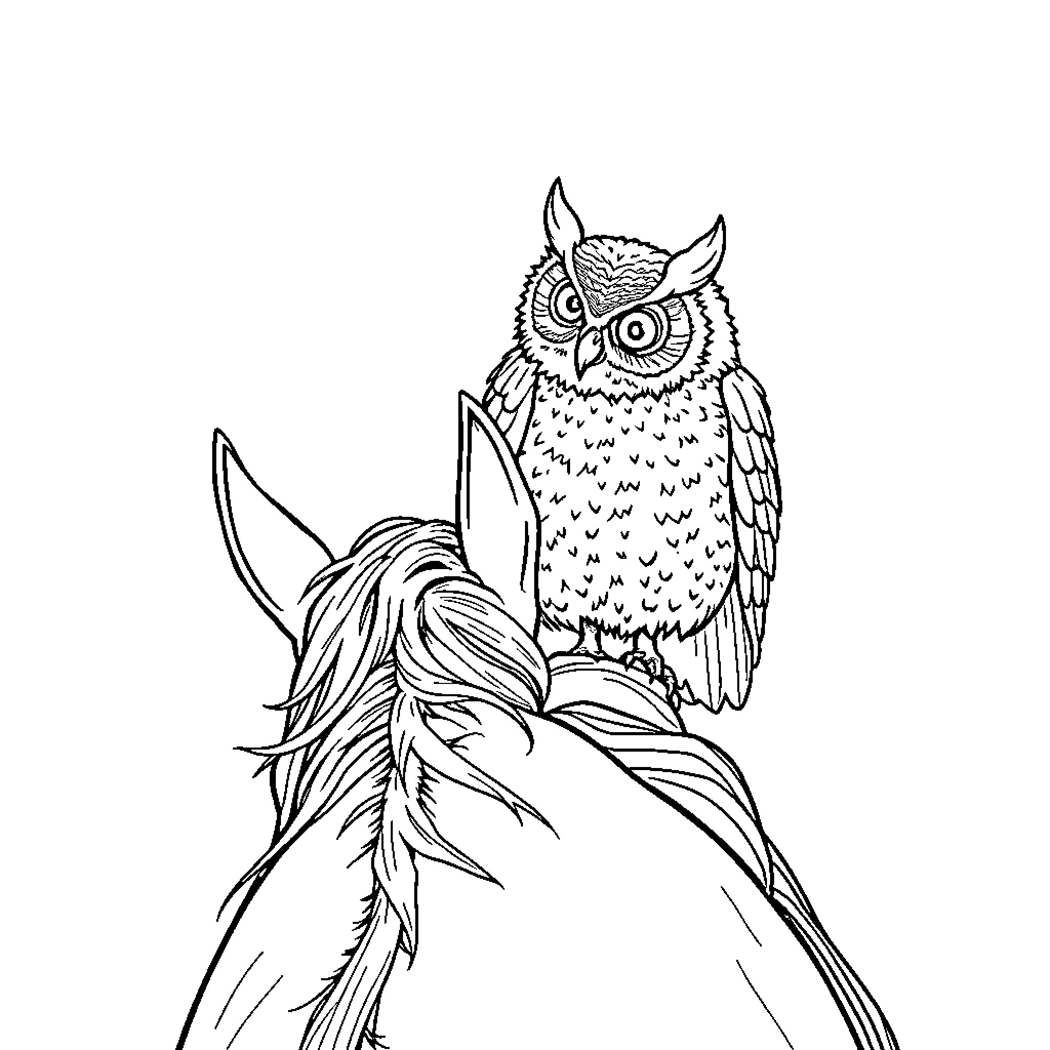 Owl perched on a branch with detailed feathers Coloring Page (free black-and-white line drawing printable PDF for all, from beginners to advanced learners, including children, teens, adults, and seniors)