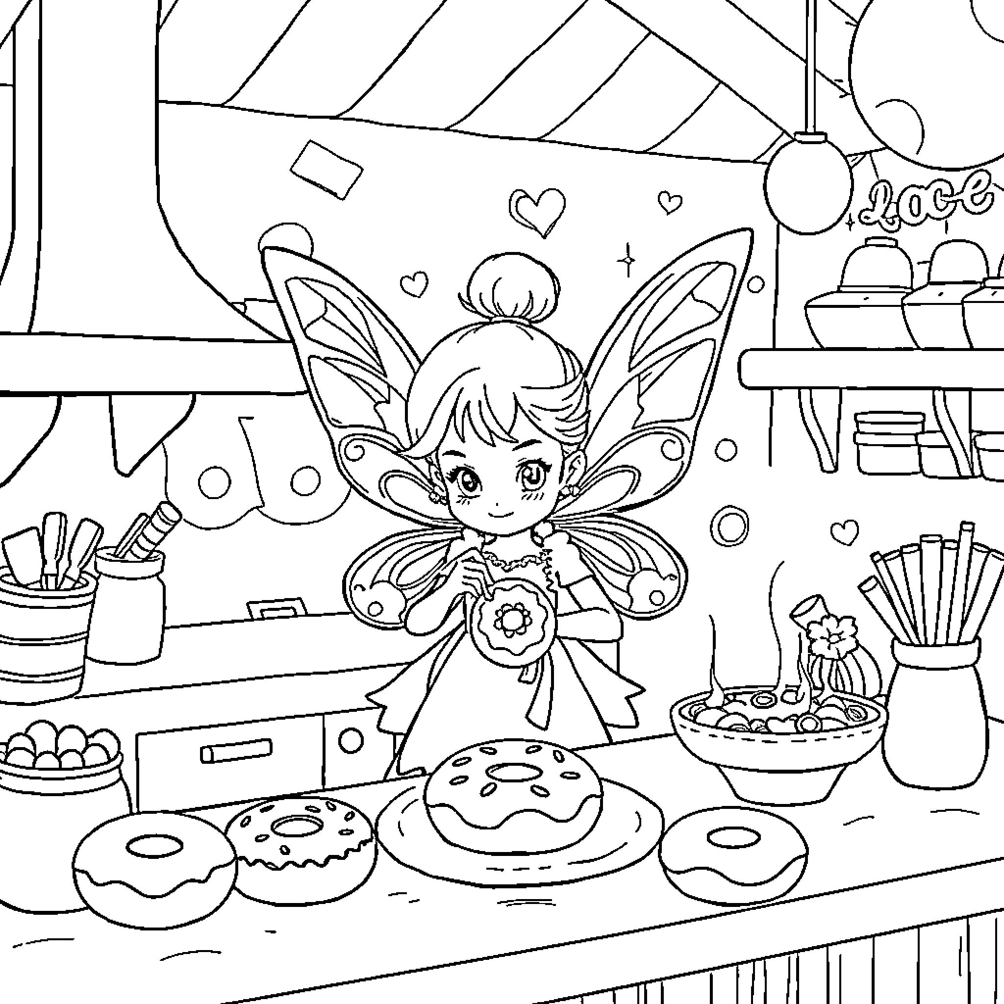 Fairy enjoying sweets in the kitchen Coloring Page (free black-and-white line drawing printable PDF for all, from beginners to advanced learners, including children, teens, adults, and seniors)