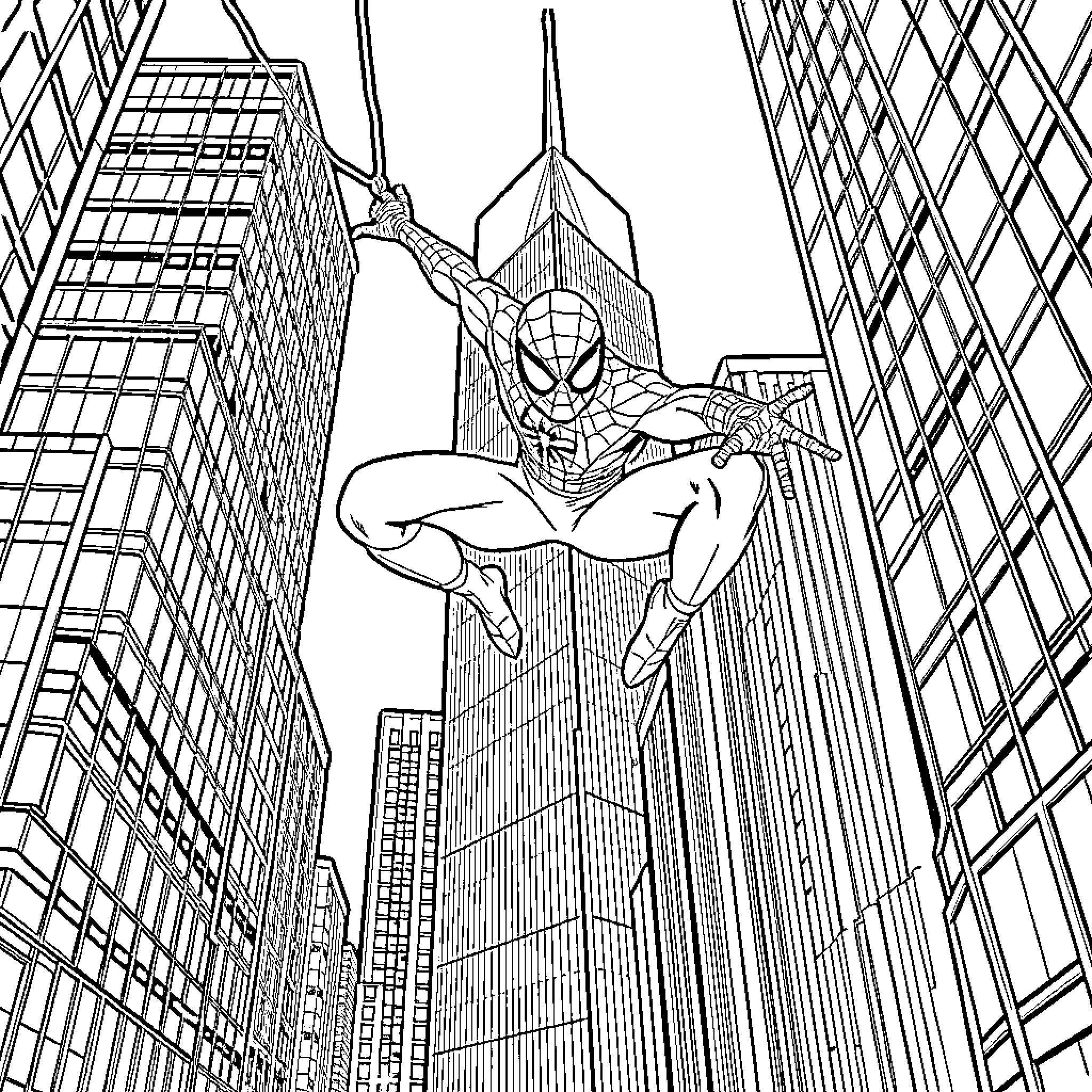 Spiderman swinging through the cityscape Coloring Page (free black-and-white line drawing printable PDF for all, from beginners to advanced learners, including children, teens, adults, and seniors)