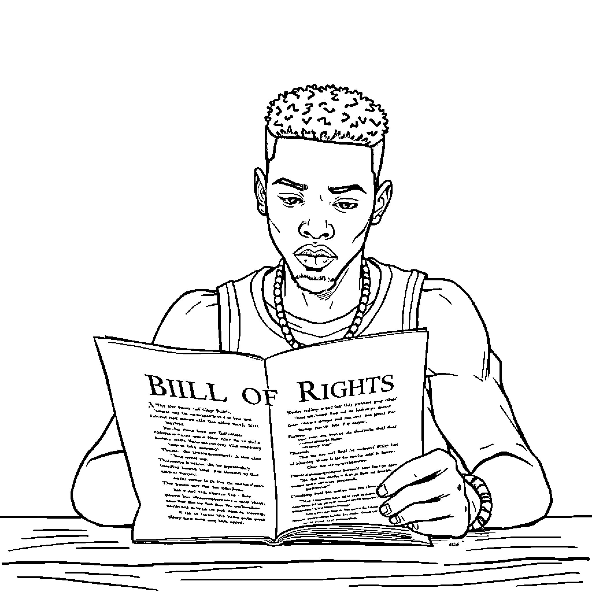 NBA Youngboy studying the Bill of Rights Coloring Page (free black-and-white line drawing printable PDF for all, from beginners to advanced learners, including children, teens, adults, and seniors)