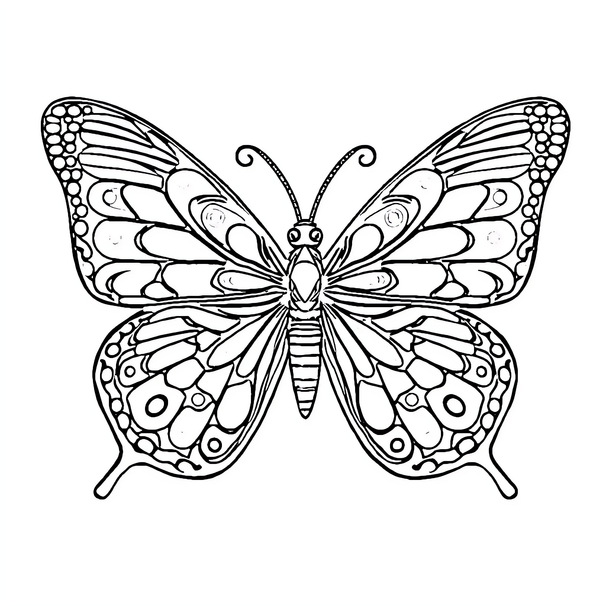 Butterfly with intricate wing patterns Coloring Page (free black-and-white line drawing printable PDF for all, from beginners to advanced learners, including children, teens, adults, and seniors)