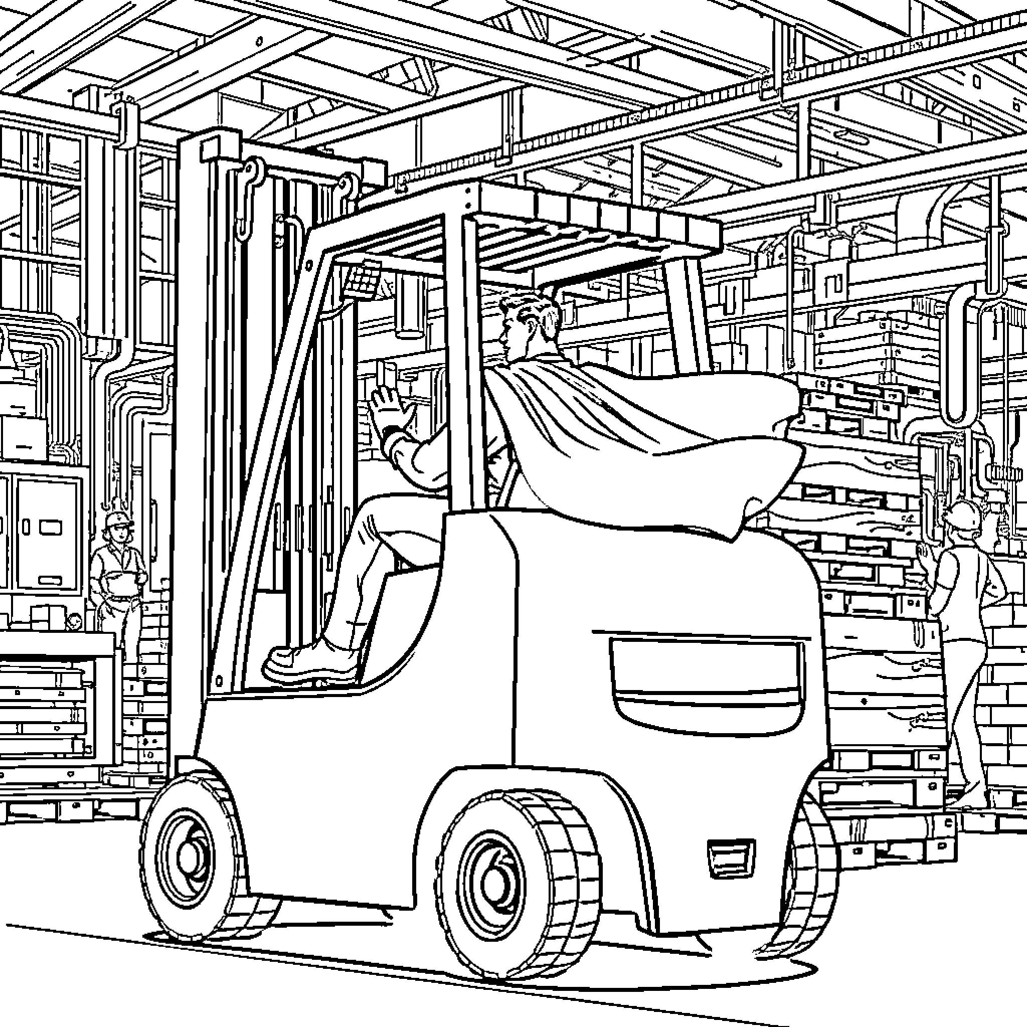 Superman drives powerful forklift in warehouse Coloring Page (free black-and-white line drawing printable PDF for all, from beginners to advanced learners, including children, teens, adults, and seniors)