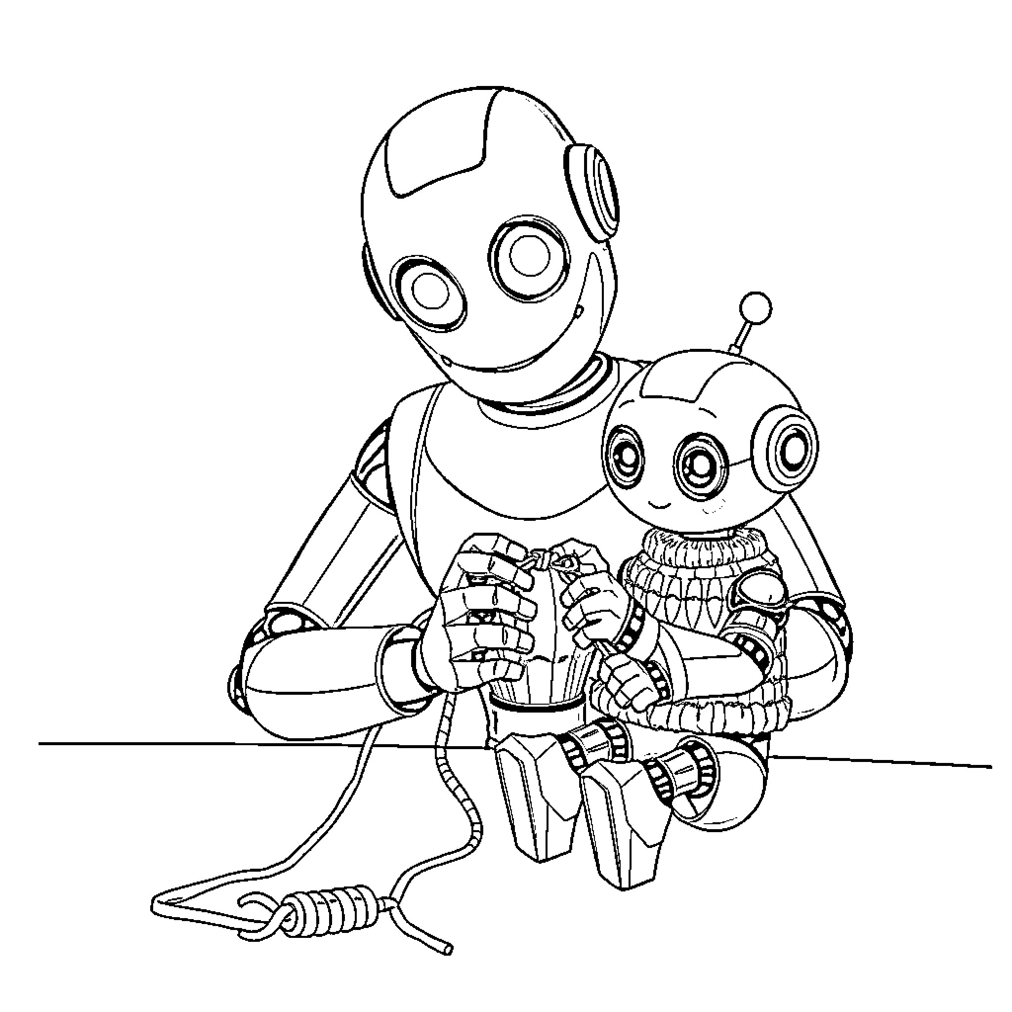 Robot Friends Sharing Conversation Coloring Page (free black-and-white line drawing printable PDF for all, from beginners to advanced learners, including children, teens, adults, and seniors)