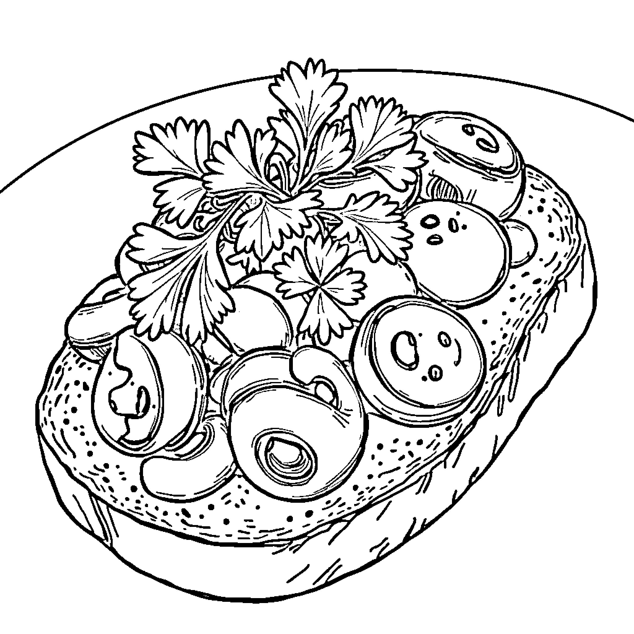 Mushroom Platter with Garnish Coloring Page (free black-and-white line drawing printable PDF for all, from beginners to advanced learners, including children, teens, adults, and seniors)