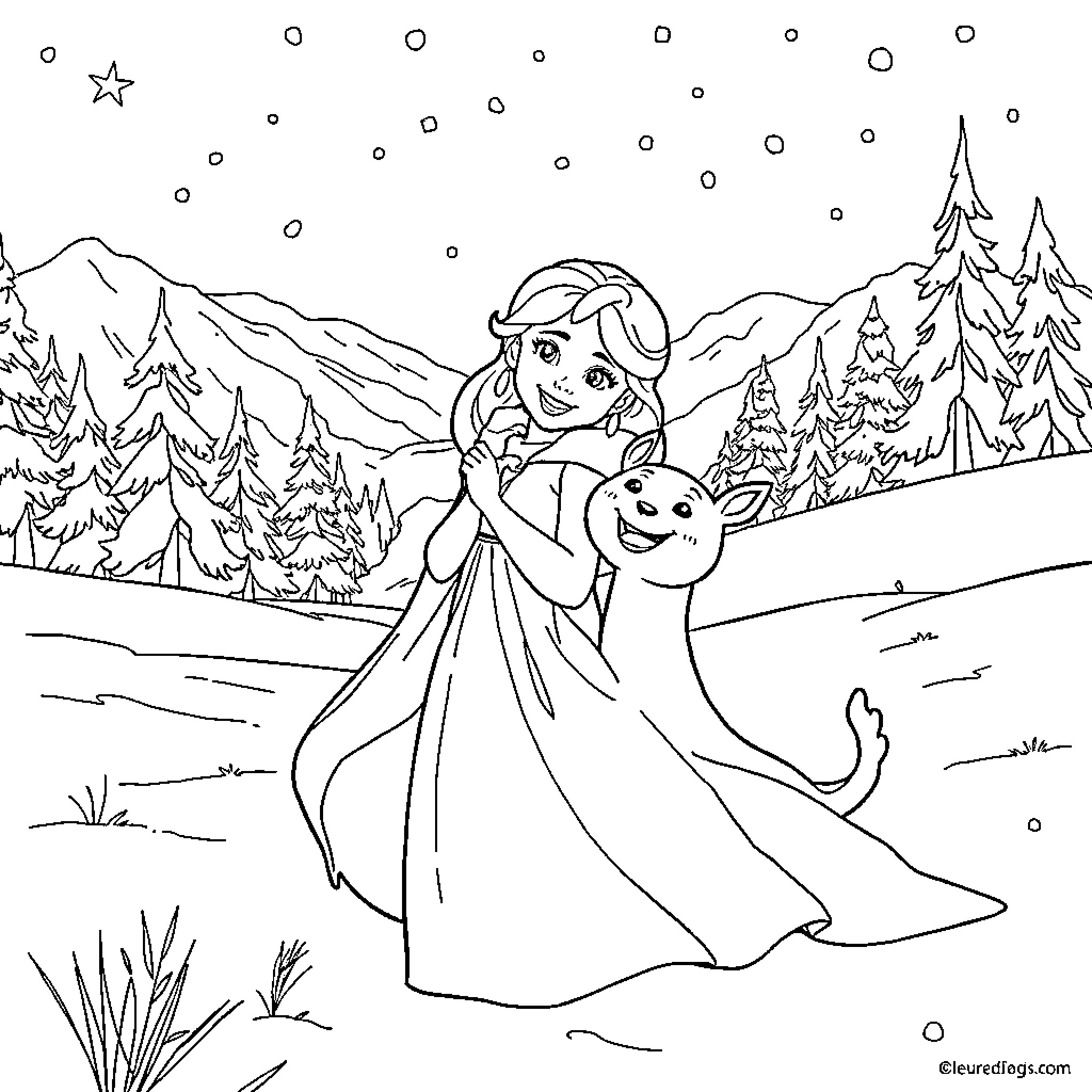 Snow Queen's Wintry Wonderland Coloring Page (free black-and-white line drawing printable PDF for all, from beginners to advanced learners, including children, teens, adults, and seniors)