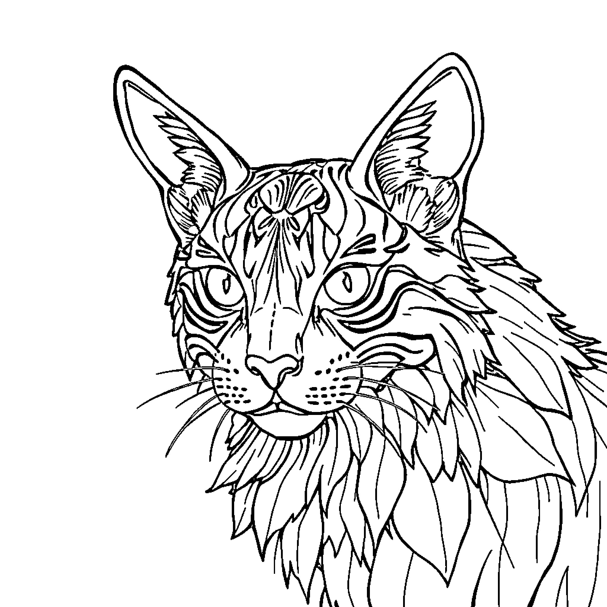 Busy Feline Face Filled with Intricate Details Coloring Page (free black-and-white line drawing printable PDF for all, from beginners to advanced learners, including children, teens, adults, and seniors)