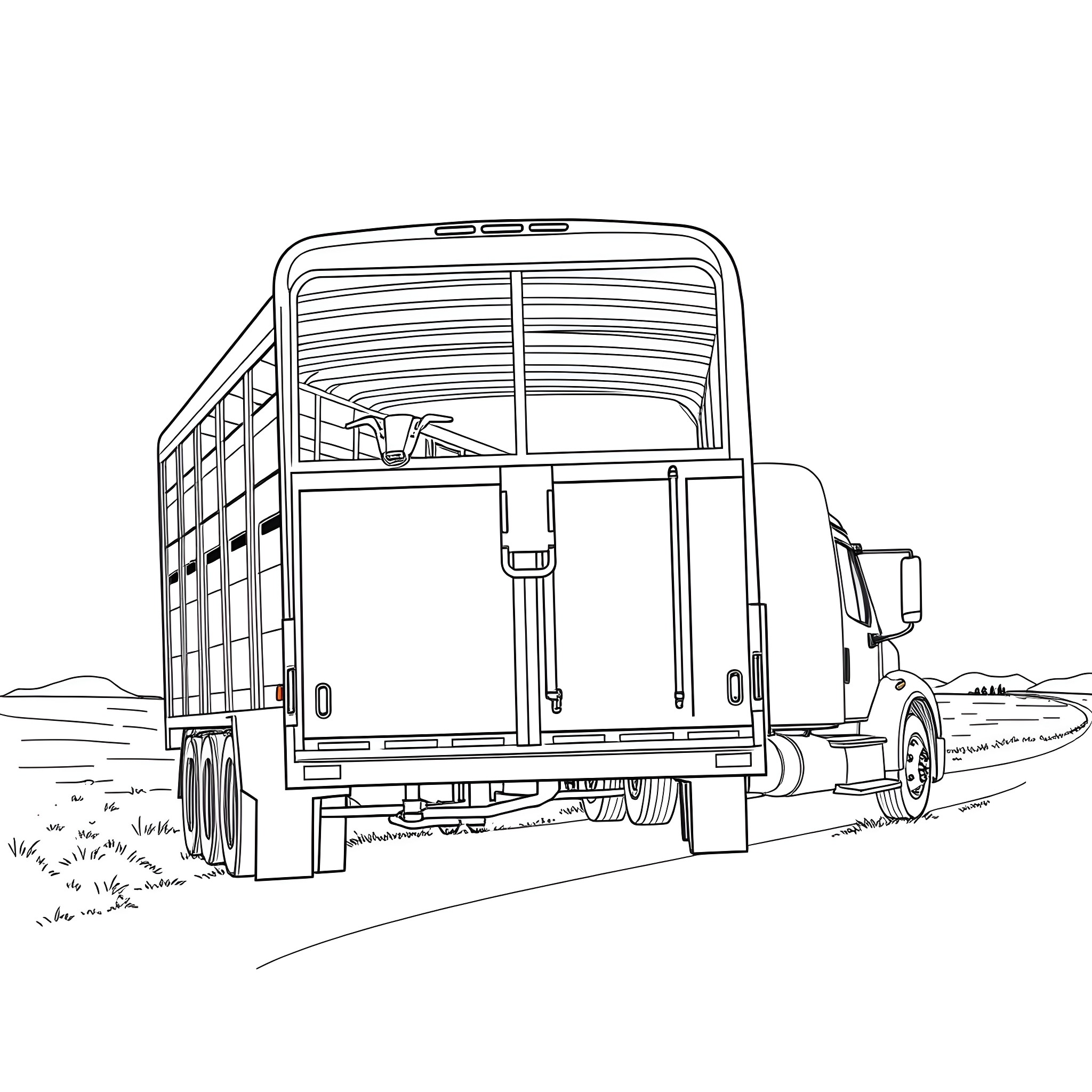 Gooseneck Trailer Transporting Cargo on the Road Coloring Page (free black-and-white line drawing printable PDF for all, from beginners to advanced learners, including children, teens, adults, and seniors)