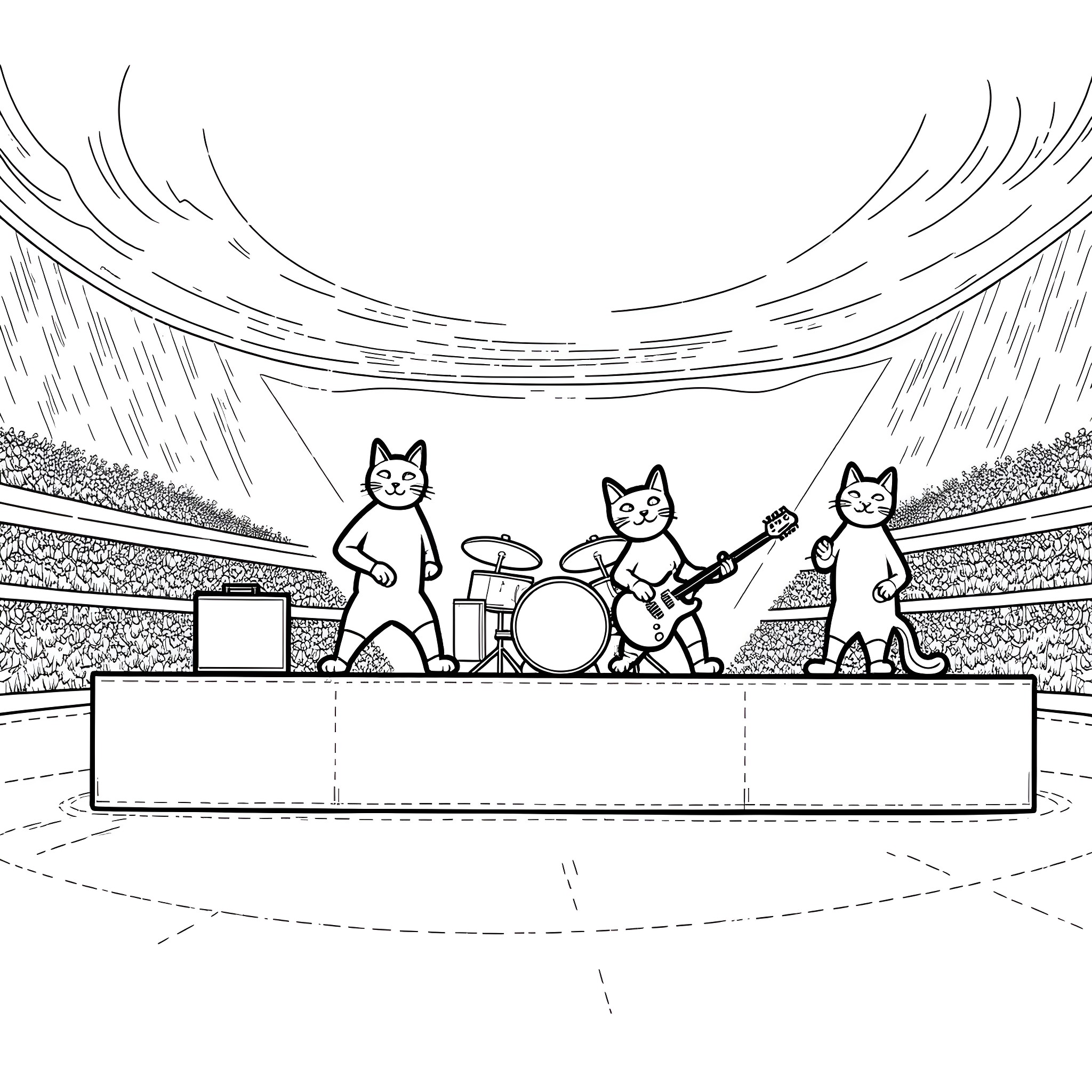 Cat band performing on stage Coloring Page (free black-and-white line drawing printable PDF for all, from beginners to advanced learners, including children, teens, adults, and seniors)
