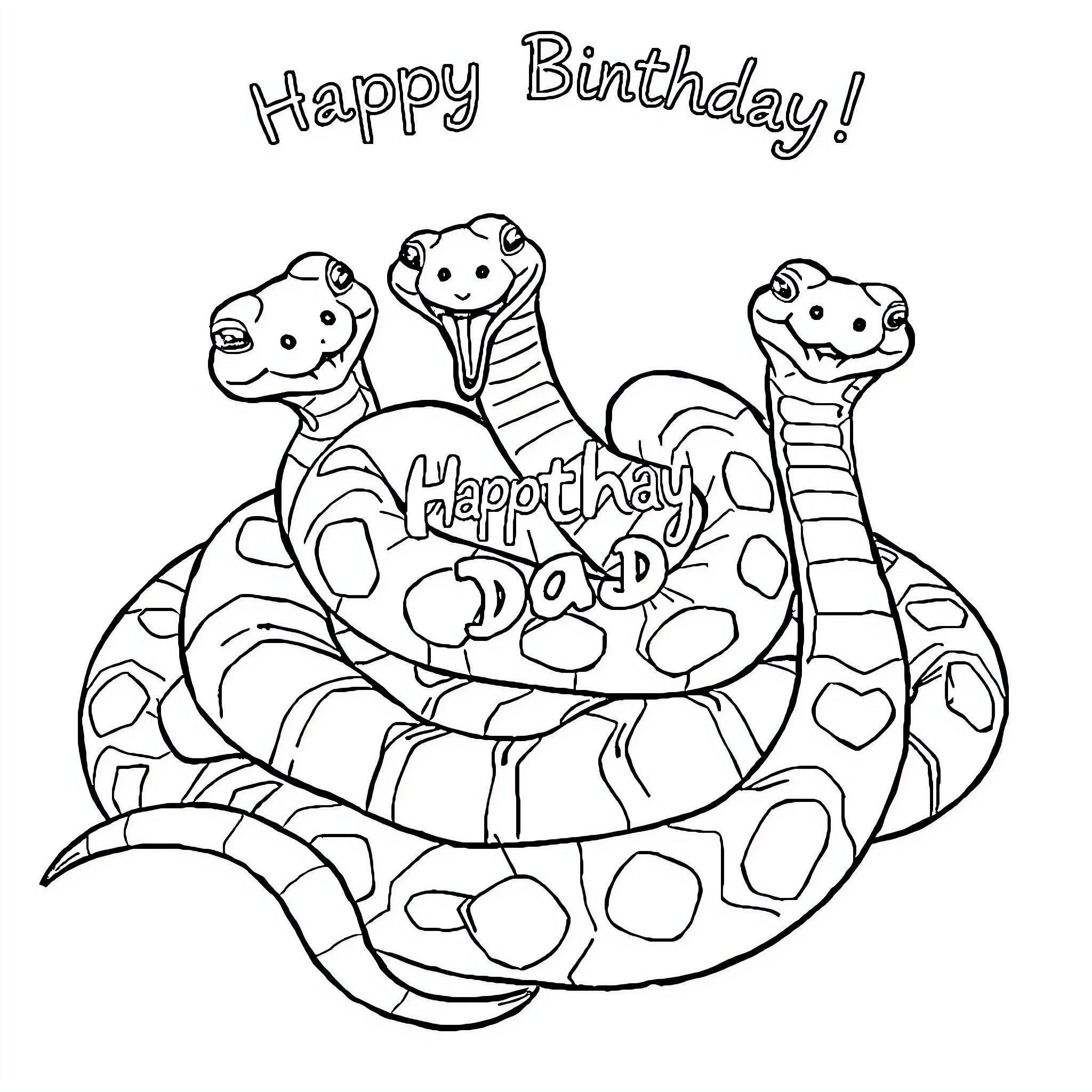 Snake Coiled Happily Around Birthday Message Coloring Page (free black-and-white line drawing printable PDF for all, from beginners to advanced learners, including children, teens, adults, and seniors)