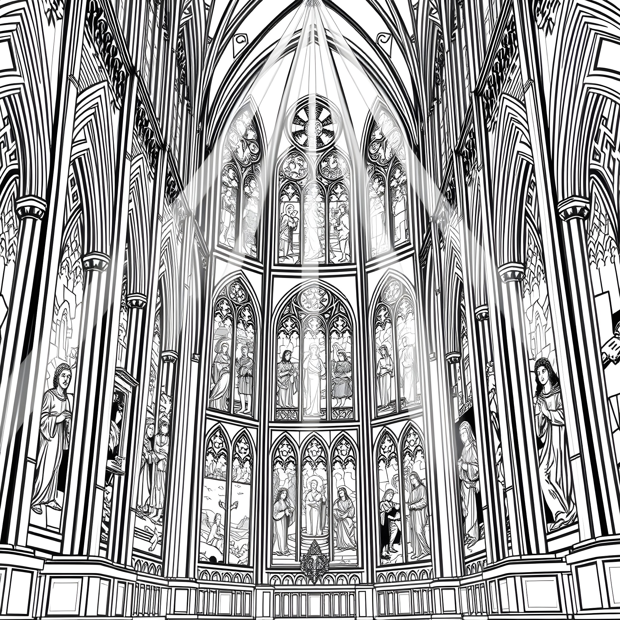 Stained Glass Window Depicting Intricate Gothic Architecture Coloring Page (free black-and-white line drawing printable PDF for all, from beginners to advanced learners, including children, teens, adults, and seniors)
