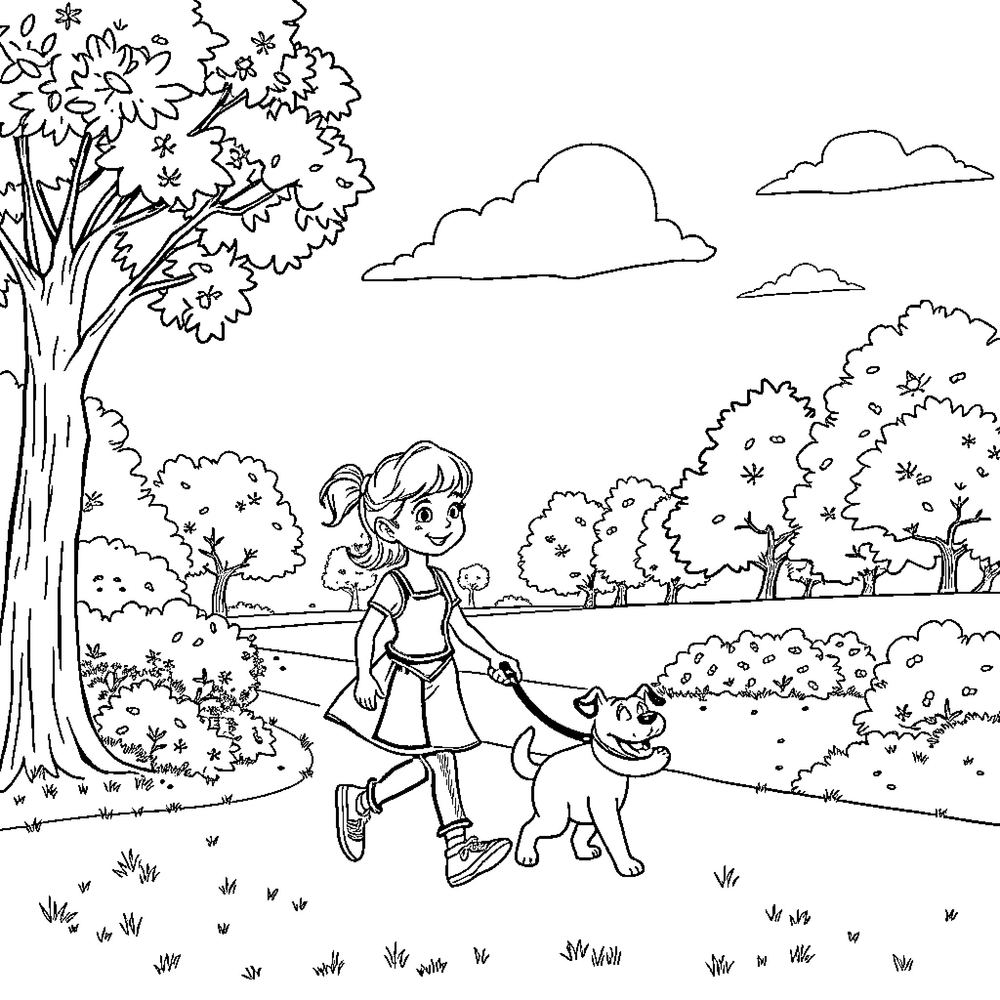 Charlotte's Outdoor Adventure with Her Pup Coloring Page (free black-and-white line drawing printable PDF for all, from beginners to advanced learners, including children, teens, adults, and seniors)