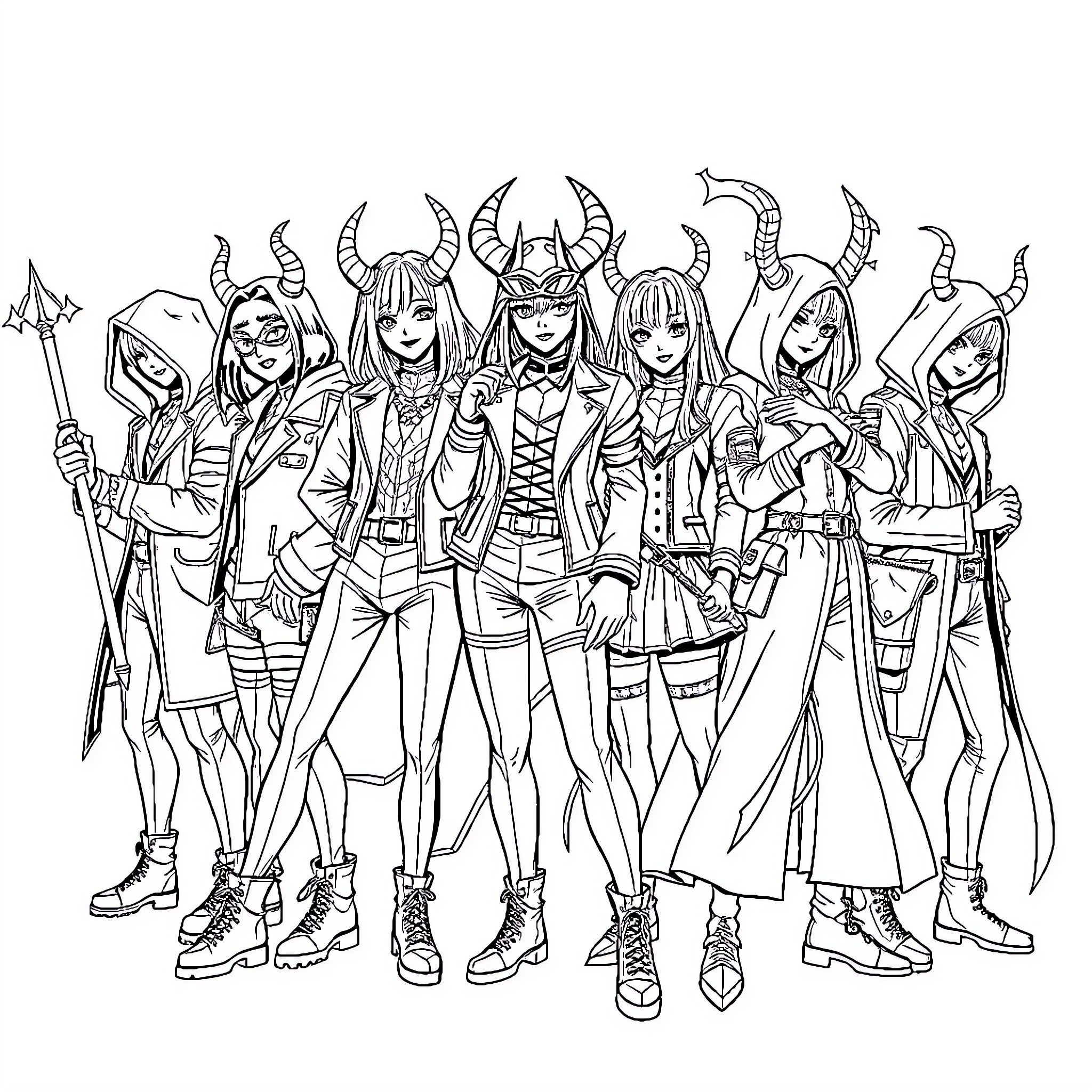 Demon Hunter Squad in Striking Outfits and Poses Coloring Page (free black-and-white line drawing printable PDF for all, from beginners to advanced learners, including children, teens, adults, and seniors)