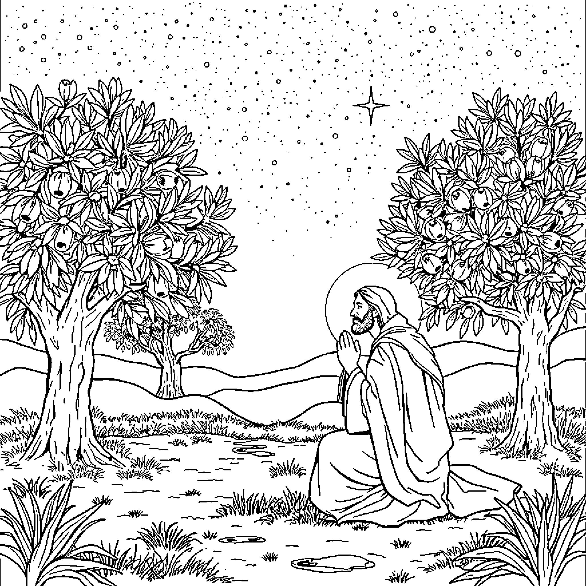 Jesus praying in the garden under the starry sky Coloring Page (free black-and-white line drawing printable PDF for all, from beginners to advanced learners, including children, teens, adults, and seniors)
