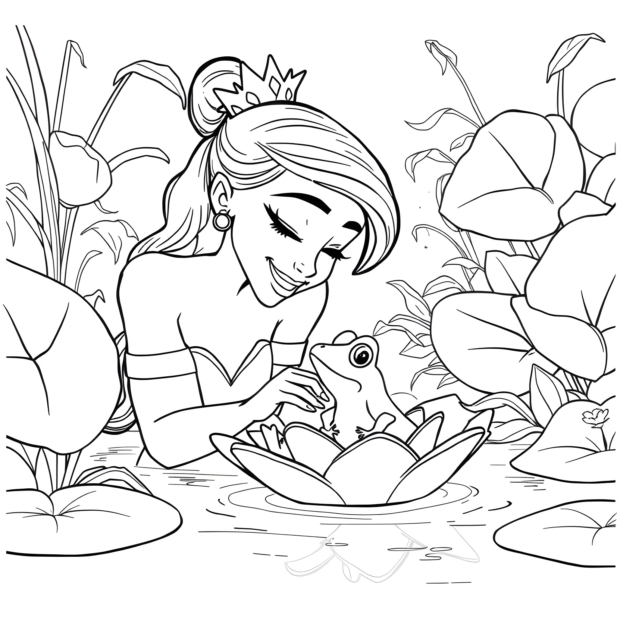 Princess Tiana interacting with nature and wildlife Coloring Page (free black-and-white line drawing printable PDF for all, from beginners to advanced learners, including children, teens, adults, and seniors)