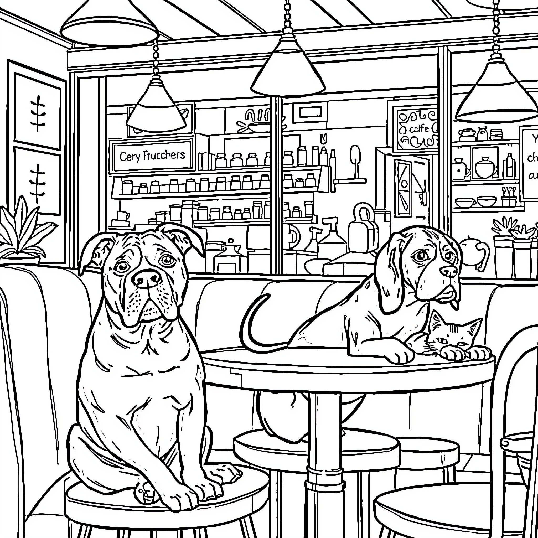 Pitbull and Friends Enjoying a Cozy Cafe Coloring Page (free black-and-white line drawing printable PDF for all, from beginners to advanced learners, including children, teens, adults, and seniors)