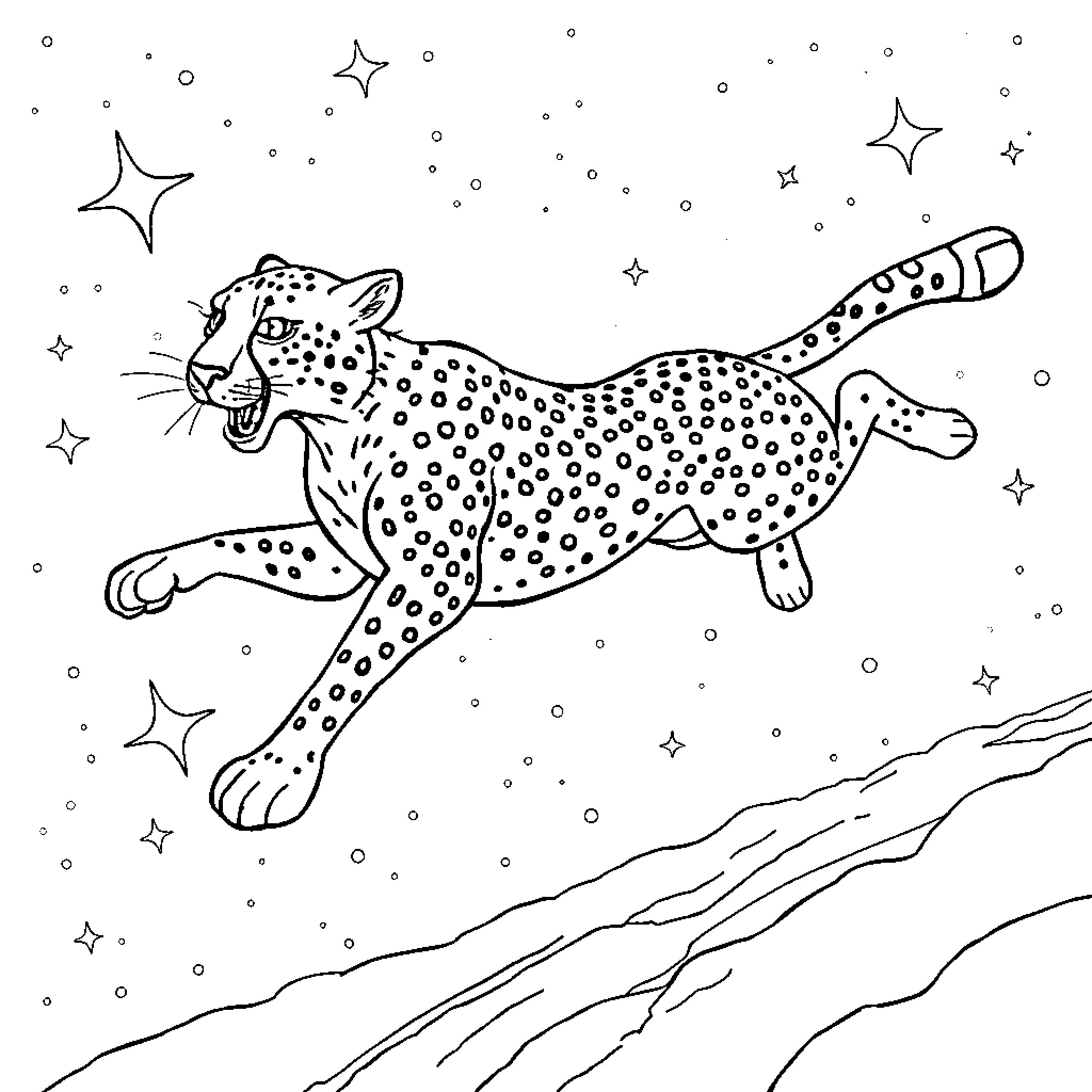Cheetah leaping under the starry night sky Coloring Page (free black-and-white line drawing printable PDF for all, from beginners to advanced learners, including children, teens, adults, and seniors)