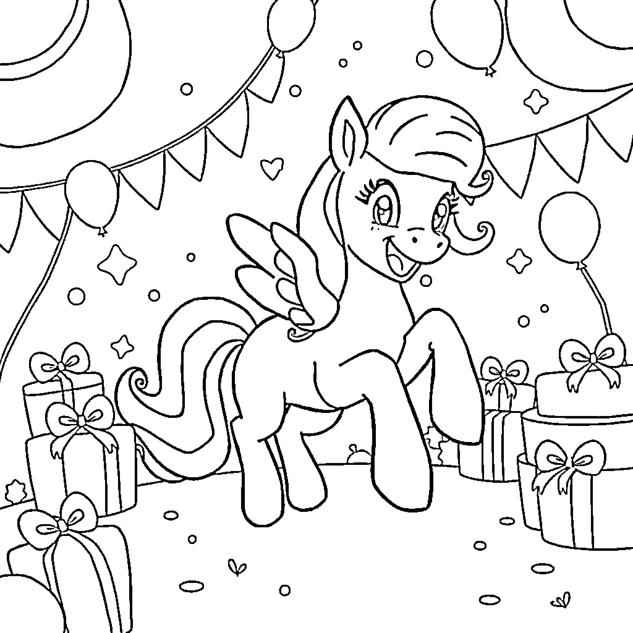 Pinky Pie celebrates with balloons and gifts Coloring Page (free black-and-white line drawing printable PDF for all, from beginners to advanced learners, including children, teens, adults, and seniors)