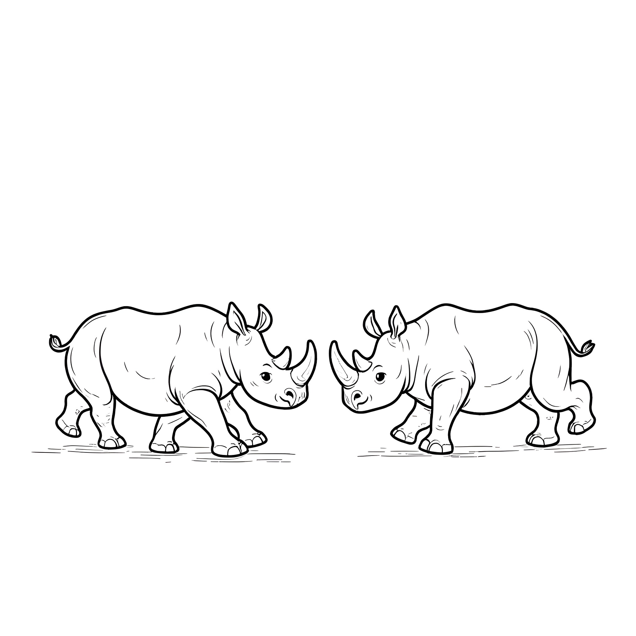 Rhinos walking together in the wild Coloring Page (free black-and-white line drawing printable PDF for all, from beginners to advanced learners, including children, teens, adults, and seniors)